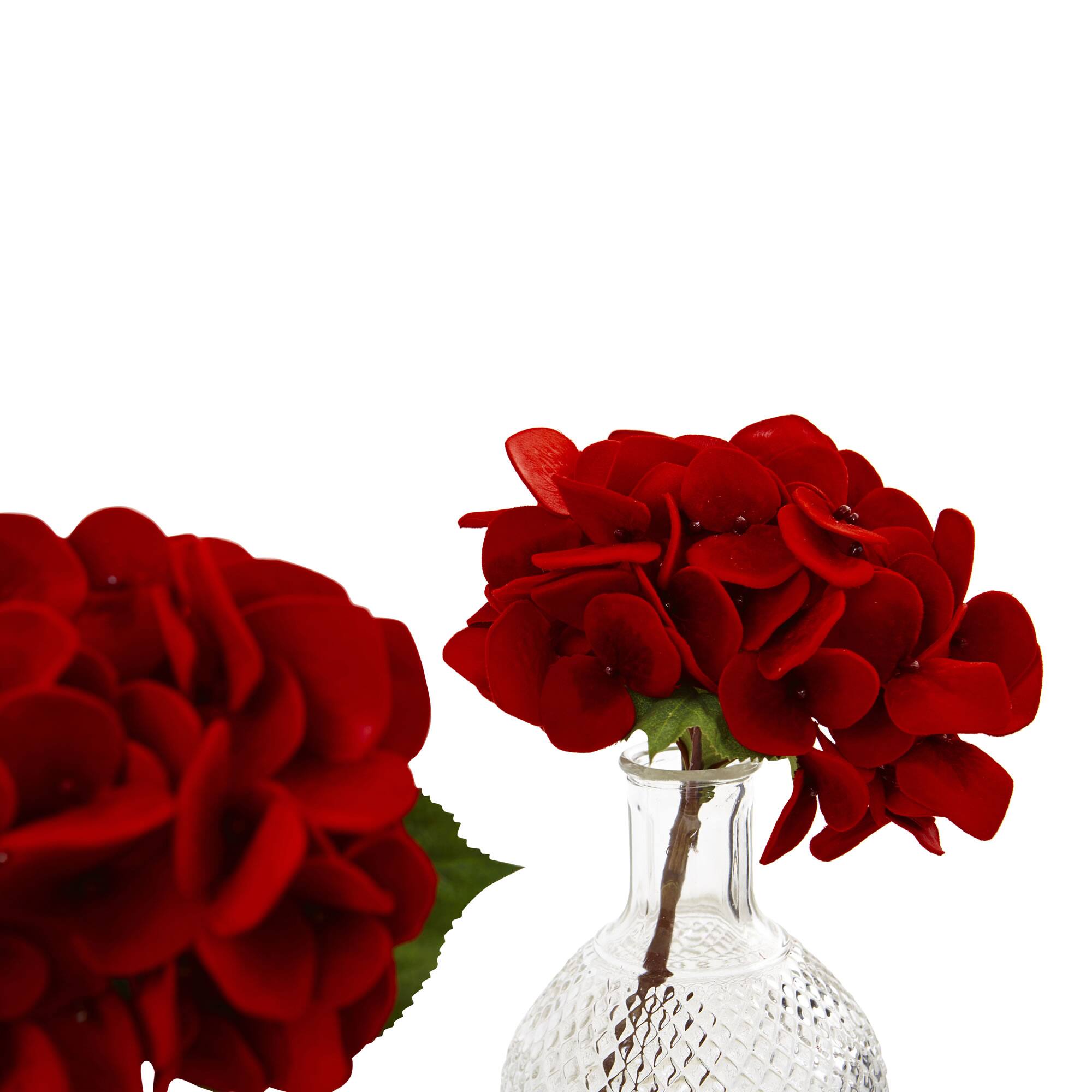 12" Red Hydrangea Arrangement with Glass Vase, 3ct.