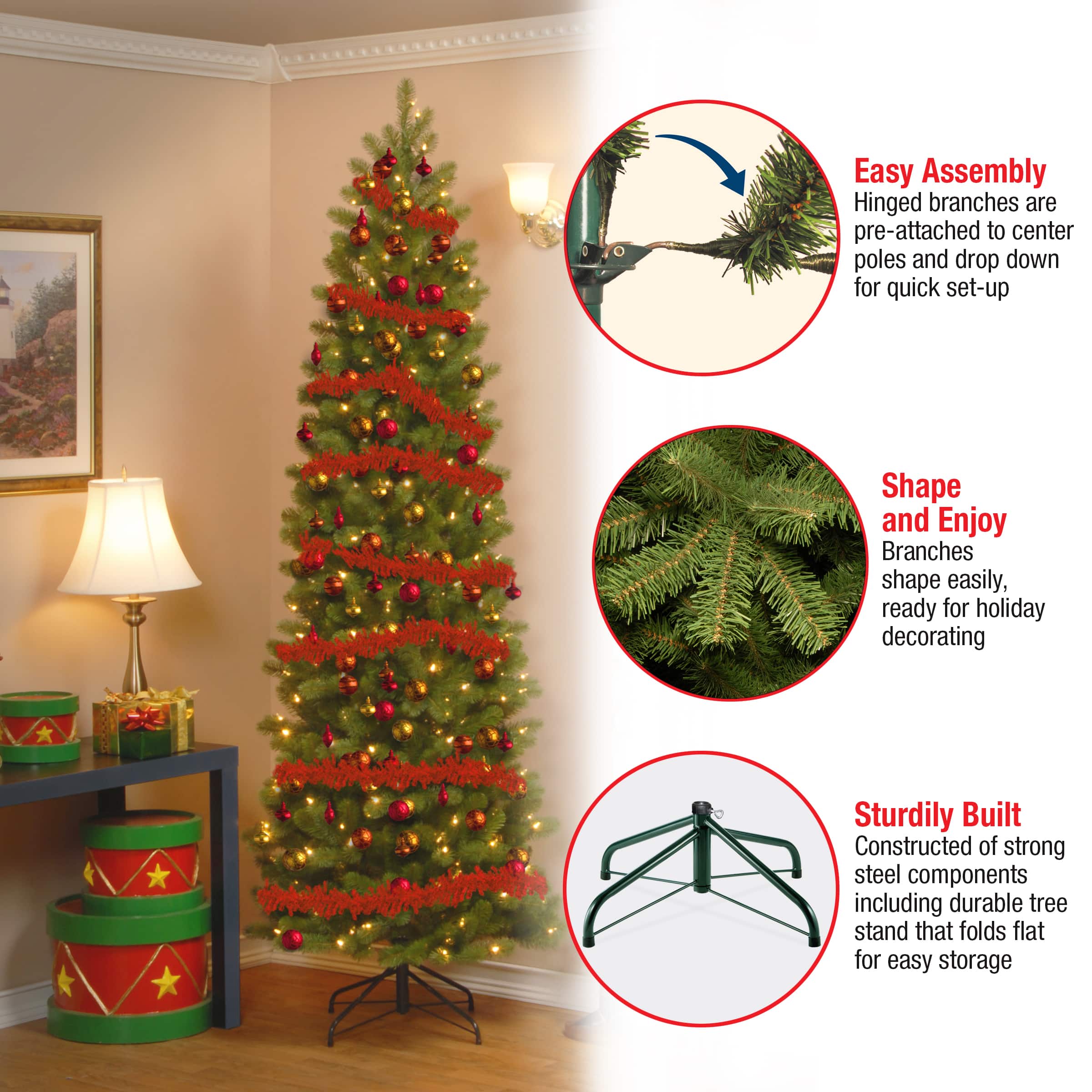 6.5 Ft. Pre-Lit Feel Real&#xAE; Downswept Douglas Fir Pencil Slim Artificial Christmas Tree, Clear Lights