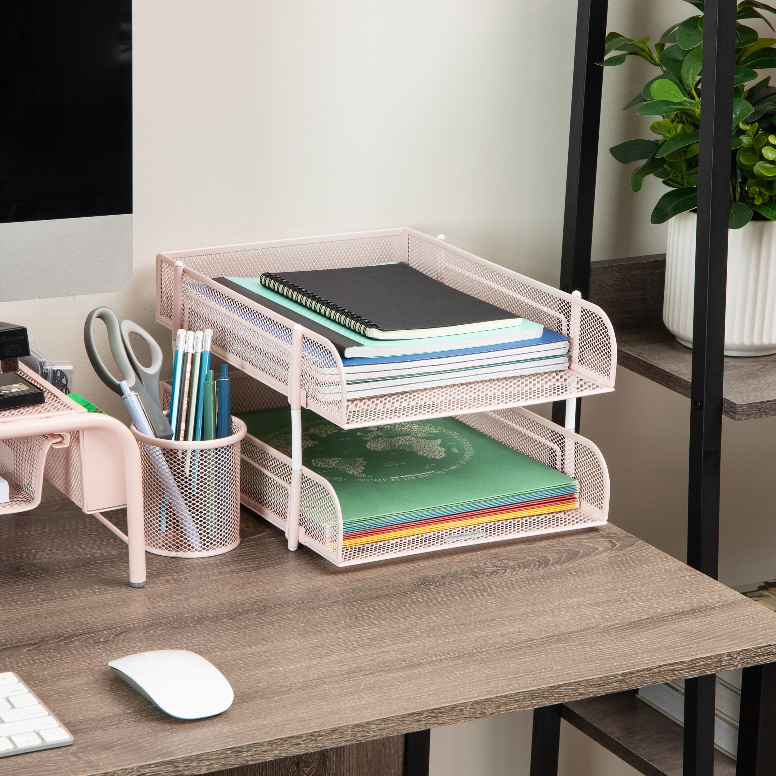 Mind Reader Stackable Paper Tray, Desktop Organizer, File Storage, Office, Metal Mesh, 10.5"L x 13.25"W x 7.5"H, 2 Pcs, Pink