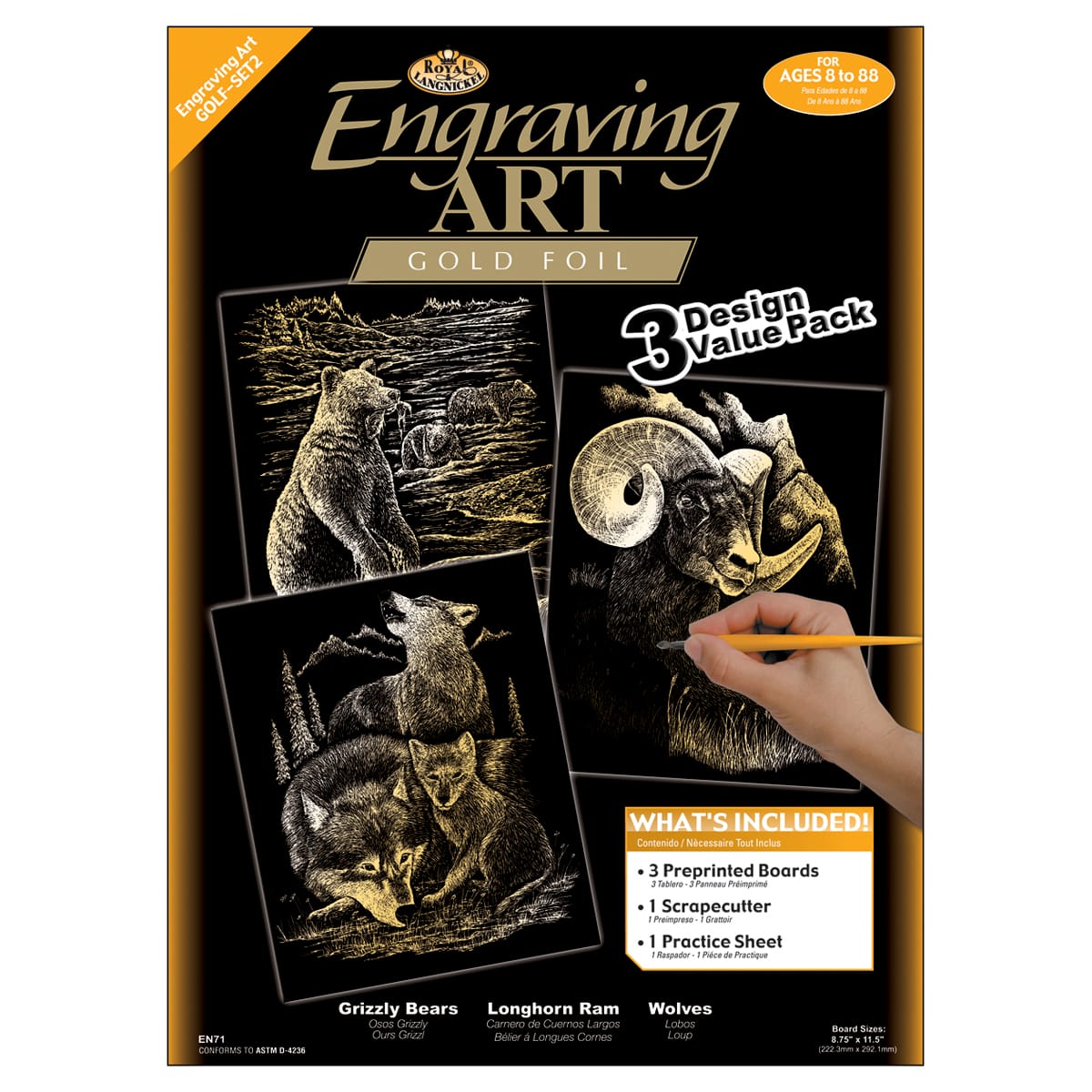 Royal & Langnickel® Engraving Art™ Grizzly Bears, Ram & Wolves Gold Foil Value Pack Kit
