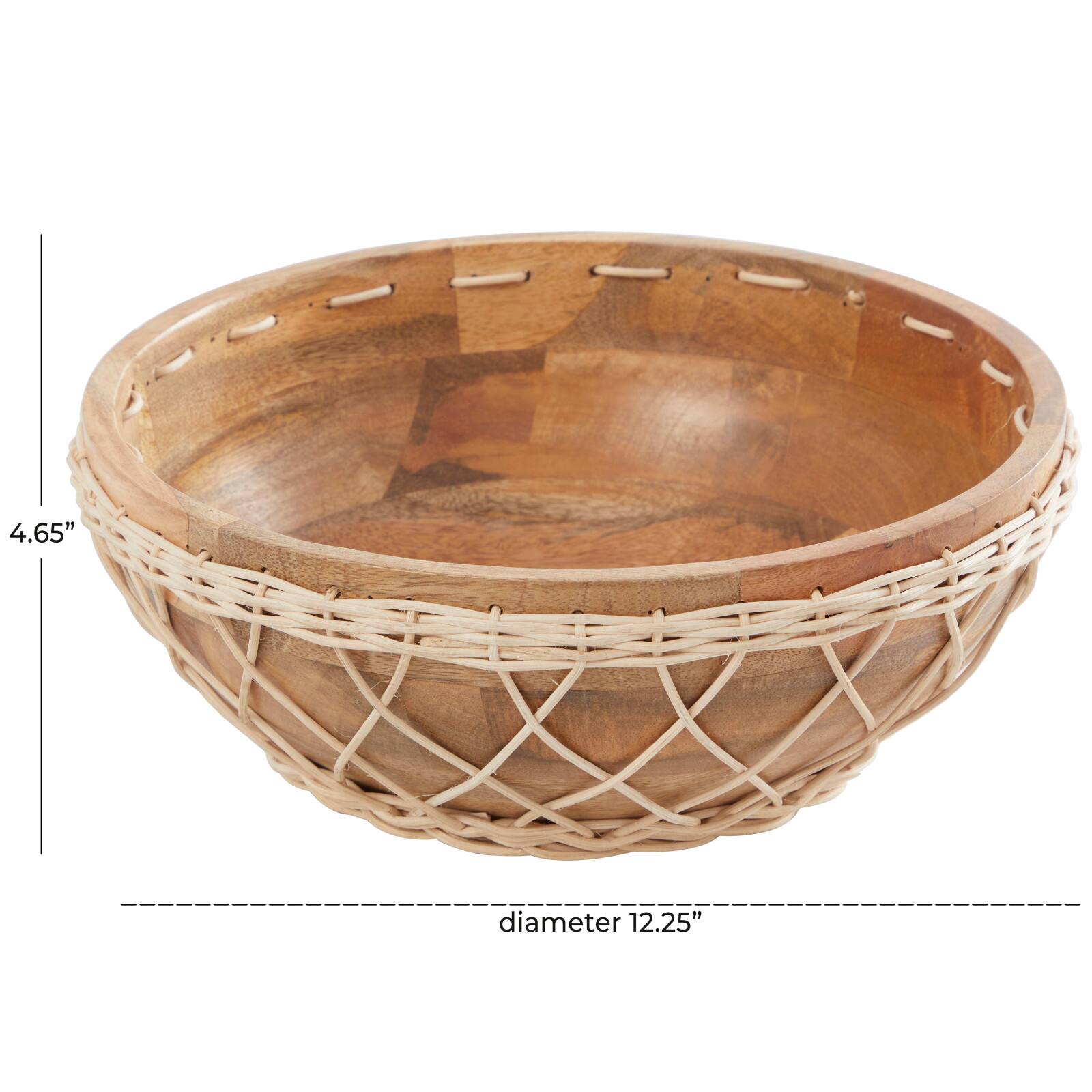 12" Brown Mango Wood Handmade Decorative Bowl with Woven Rope Accents