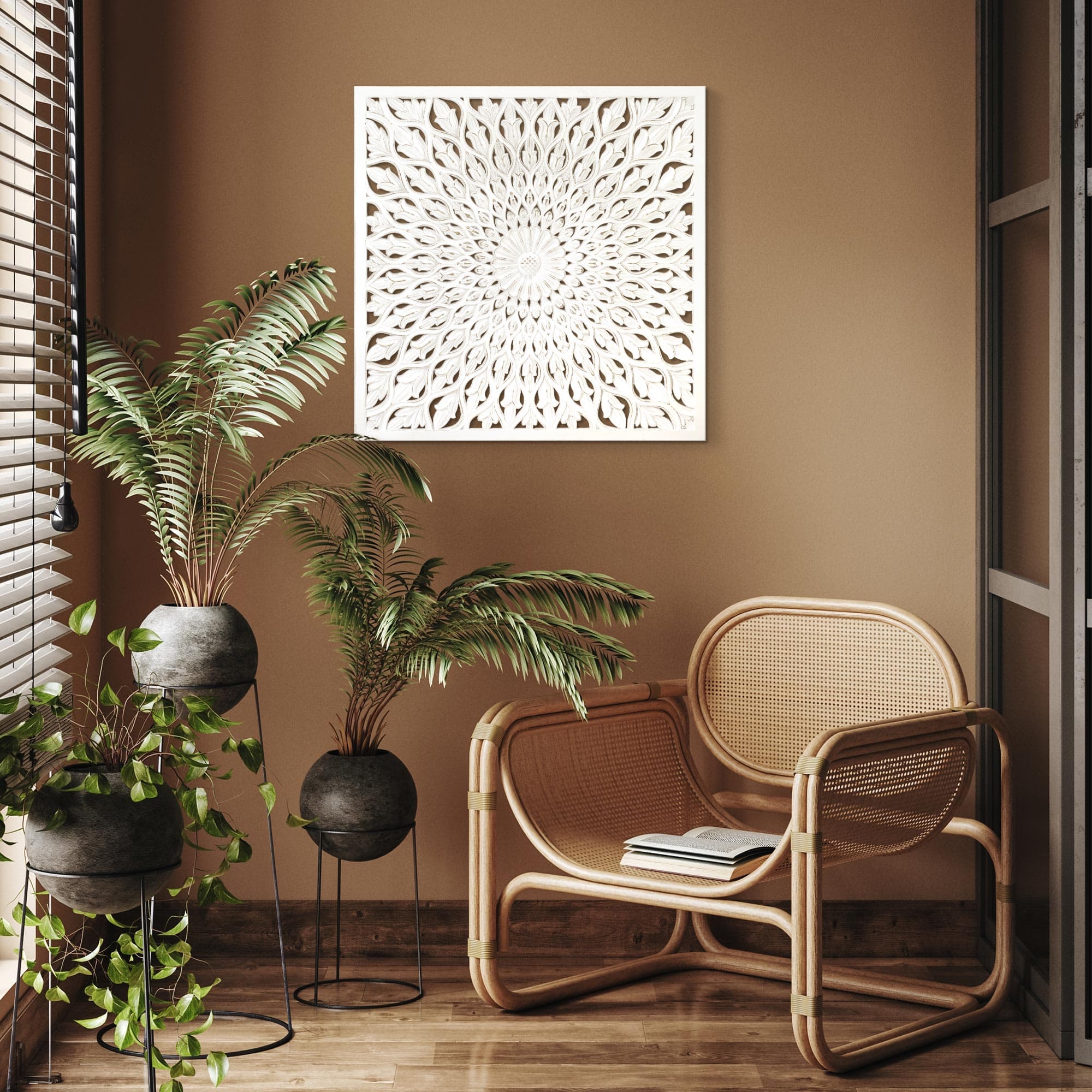 American Art D&#xE9;cor&#x2122; 31.5&#x22; Floral Mandala White Square Framed Medallion Boho Wall Art
