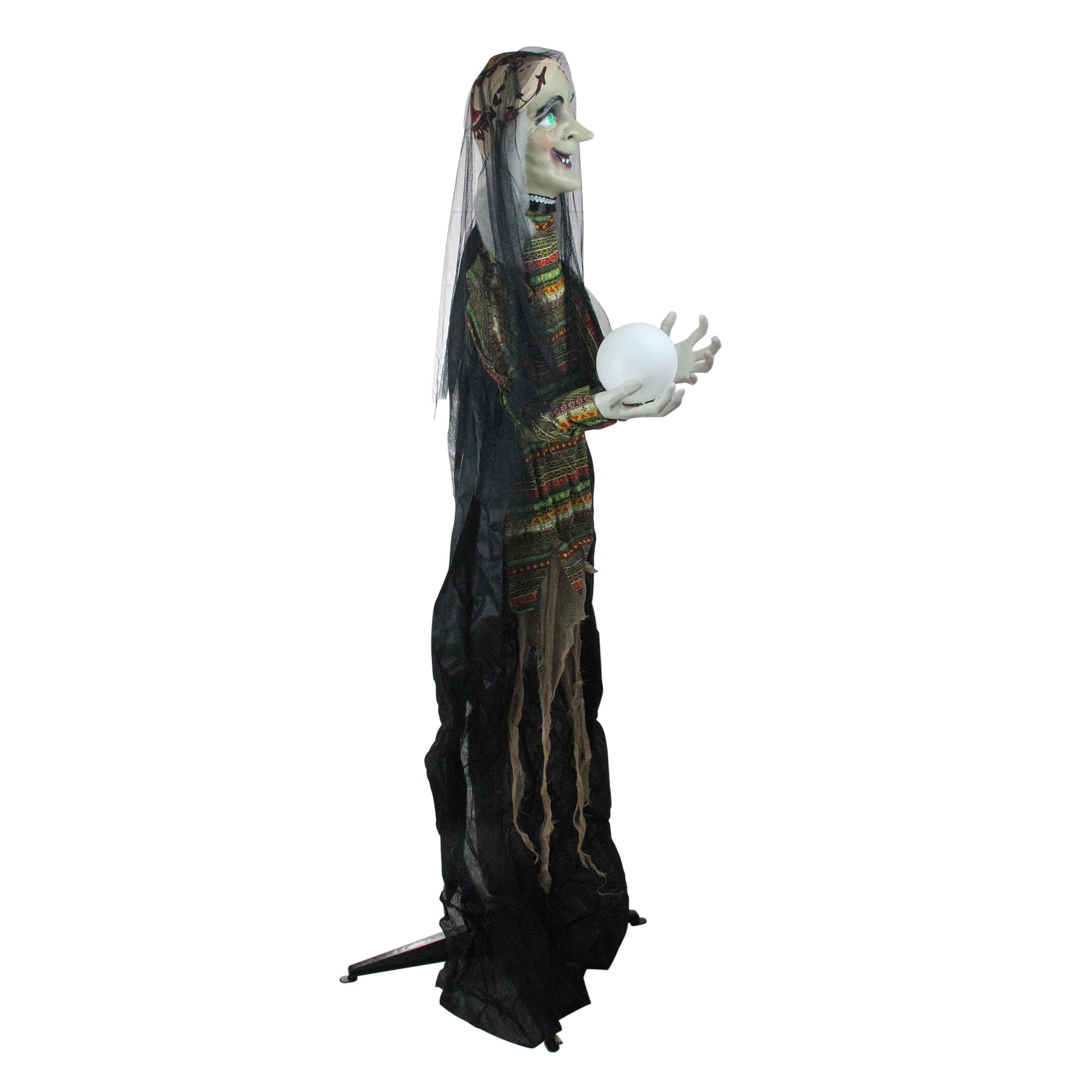 5.5ft. Pre-Lit Black &#x26; Green Standing Fortune Witch with Magic Ball Halloween Display