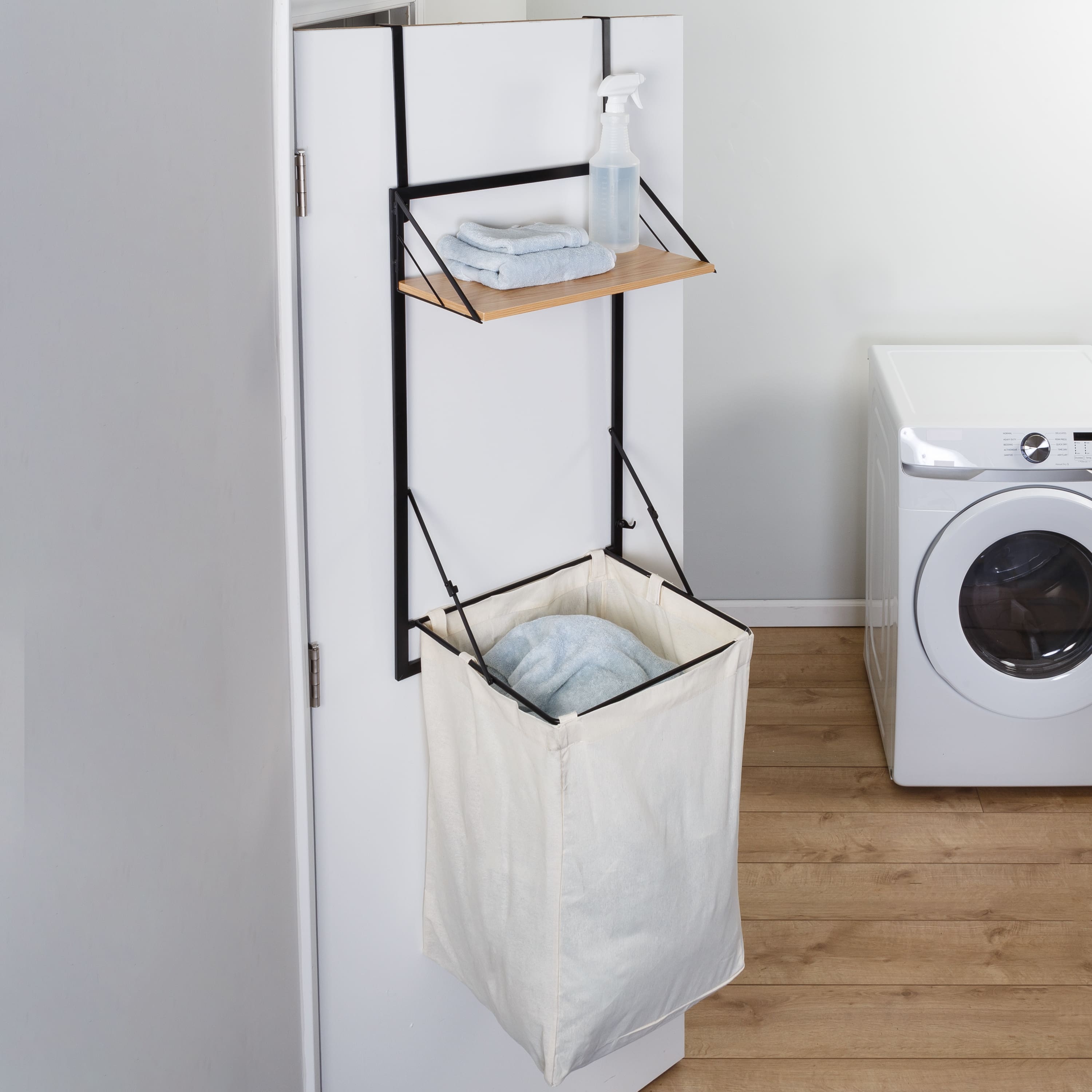 Honey Can Do Black &#x26; Maple Collapsible Wall-Mounted Hamper with Laundry Bag &#x26; Shelf