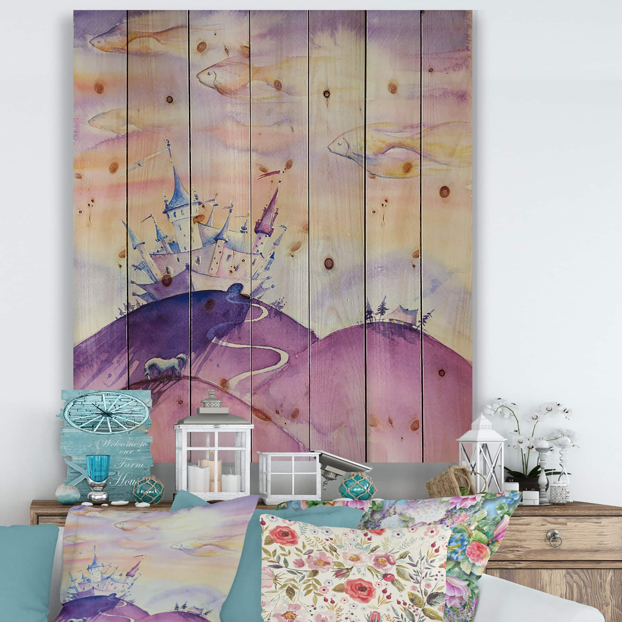 Designart - Fairy Tale Kingdom On Purple Mountain Top - Children&#x27;s Art Print on Natural Pine Wood