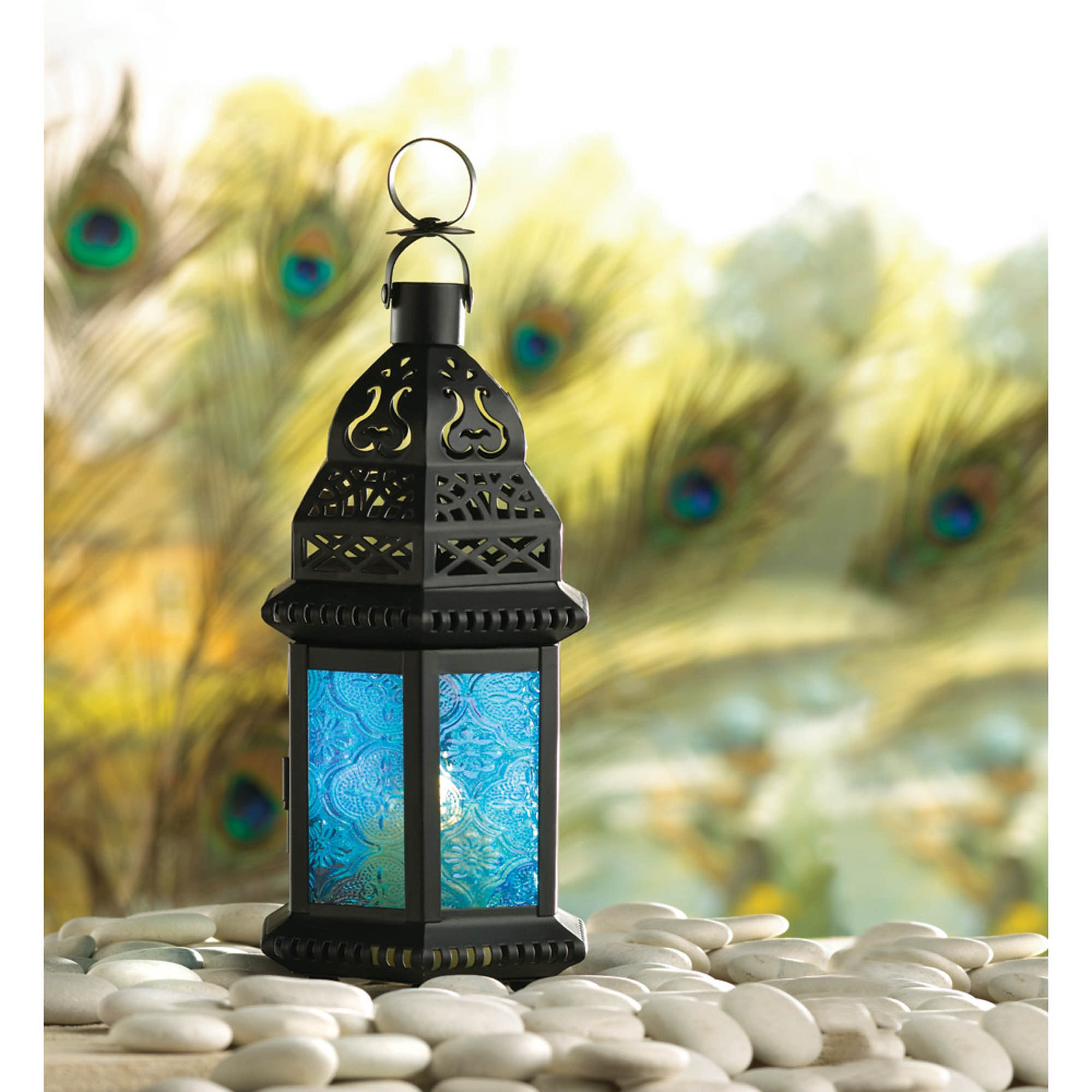 Blue Glass Hanging Moroccan Candle Lantern Chain Blue Outdoor Garden Decoration 