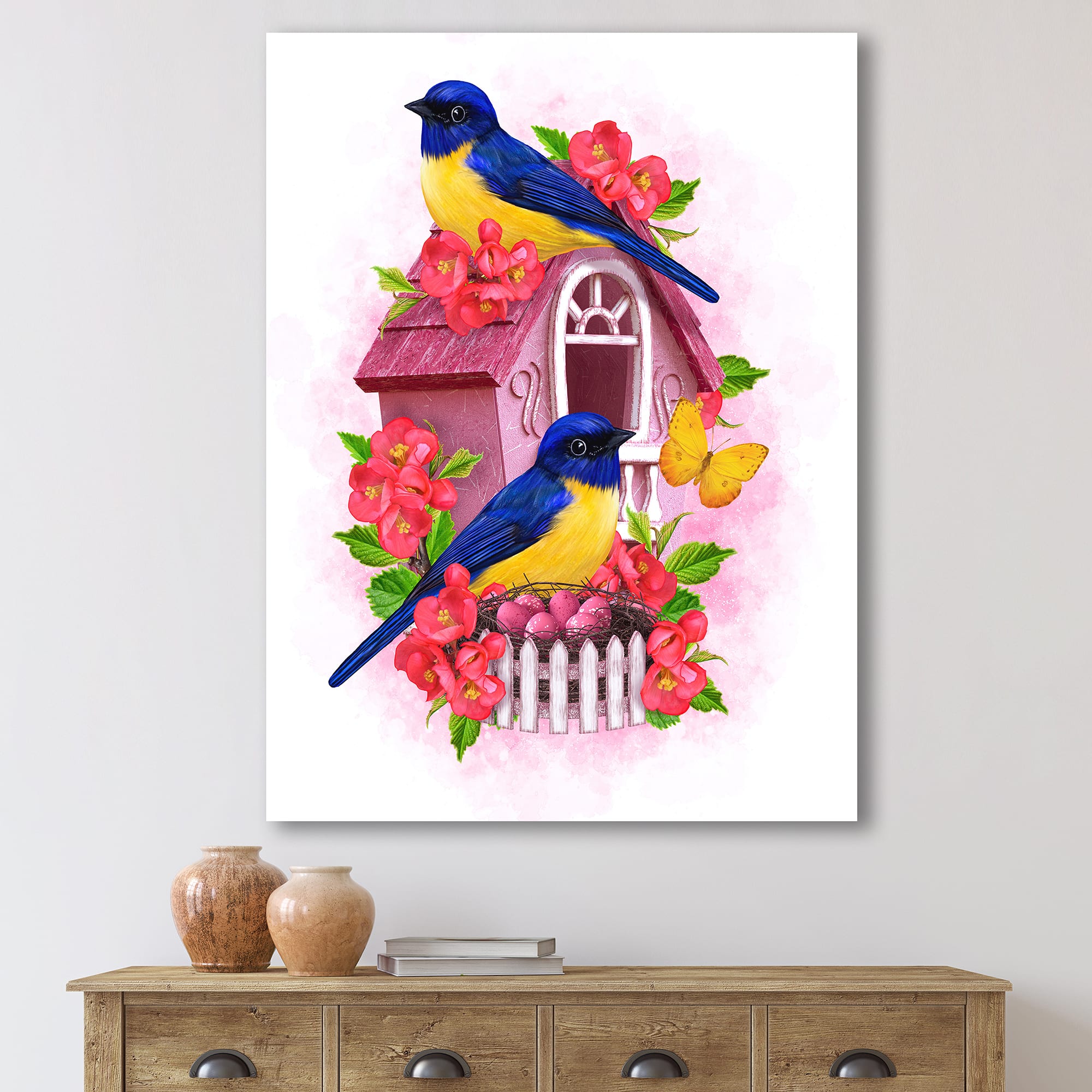 Designart - Two Blue & Yellow Tit Birds Sitting Near The Nest