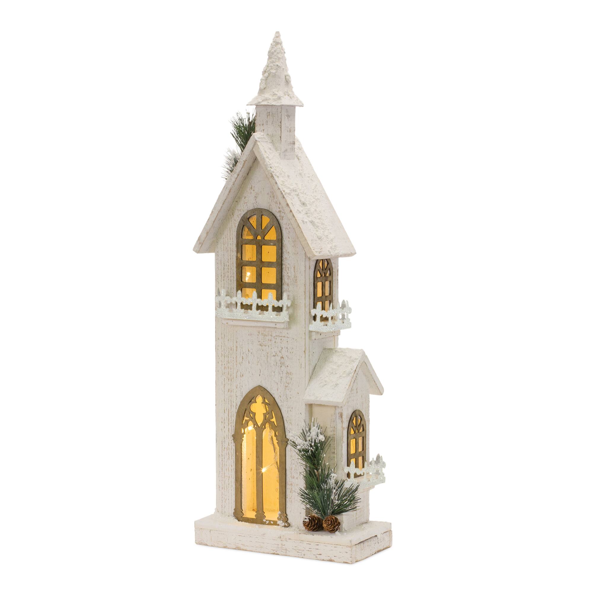 27" White-Washed Holiday Church LED Tabletop Town Décor