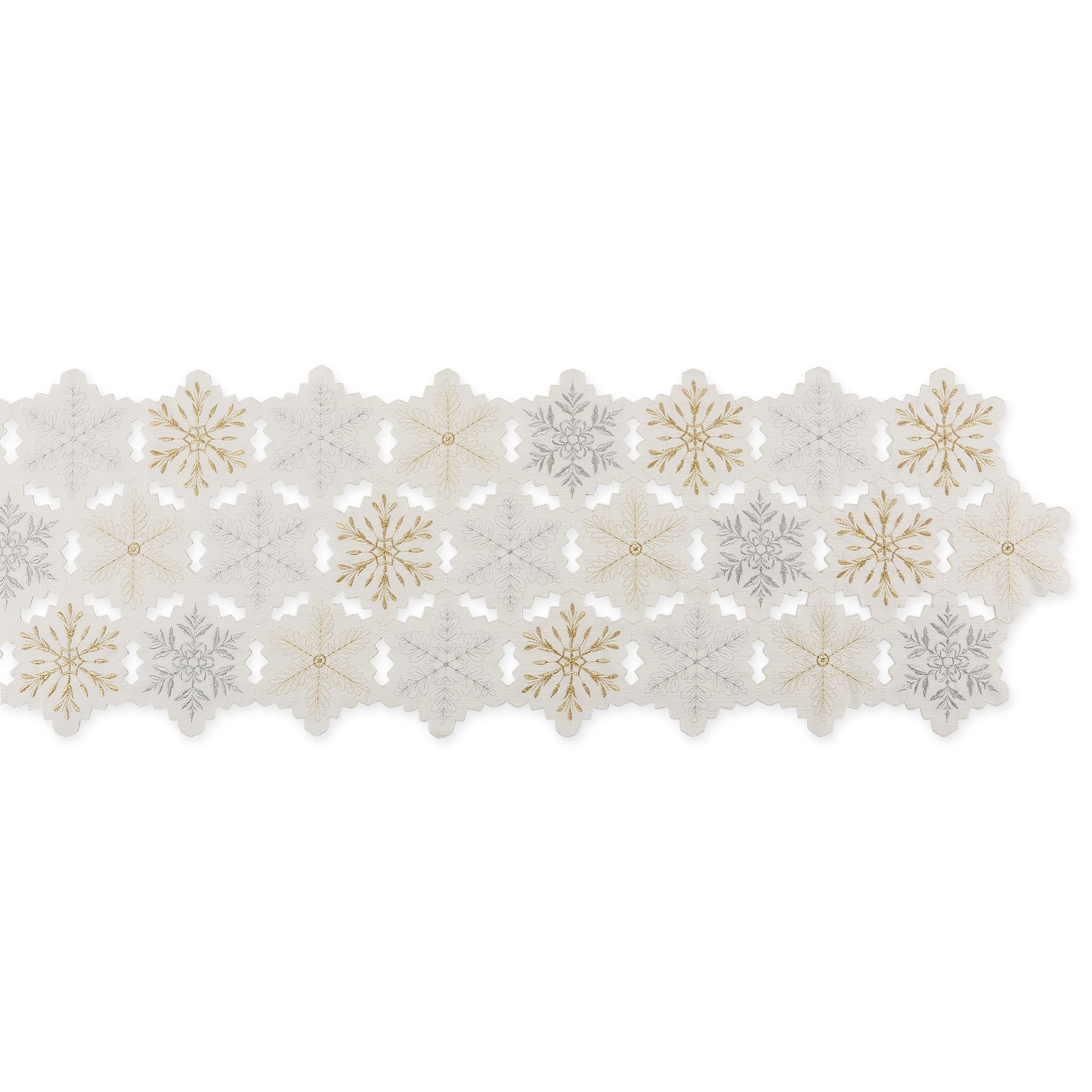 DII&#xAE; 54&#x22; White and Gold Embroidered Snowflakes Table Runner