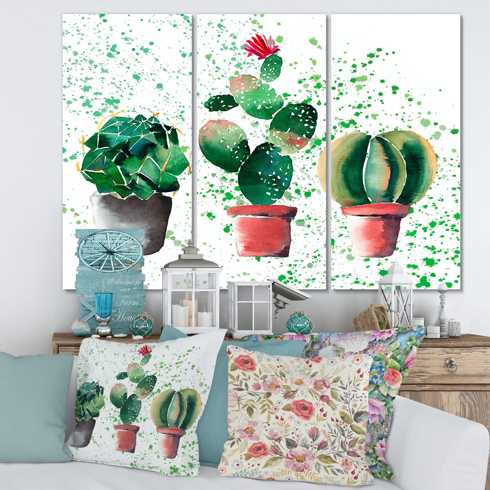 Designart - Three Cacti In Clay Pots - Traditional Canvas Wall Art Print