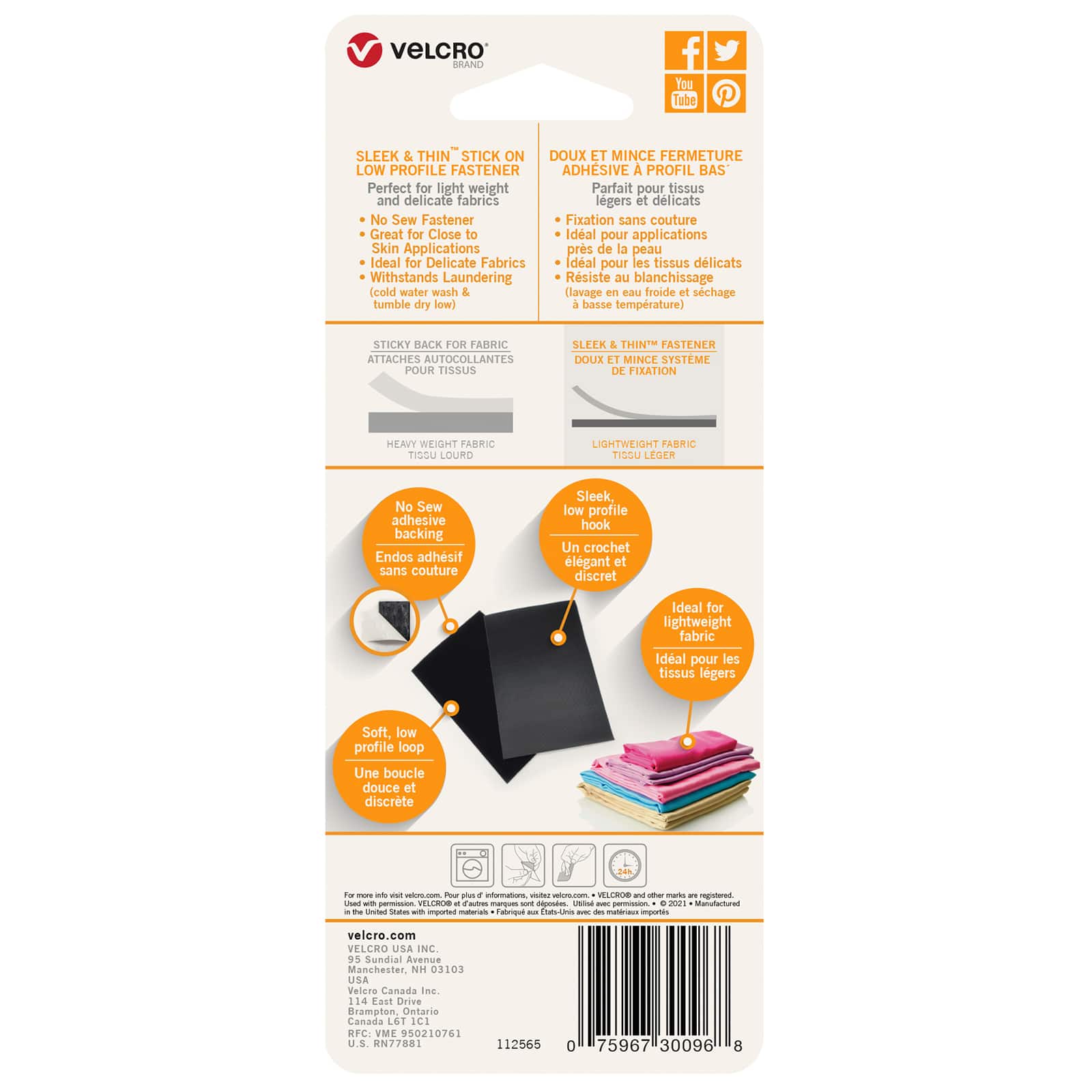 VELCRO Brand Sleek and Thin for Fabrics  Soft on Skin Ultra Light with  Sewing Lane Technology, 6ft x 3/4 in tape Black 