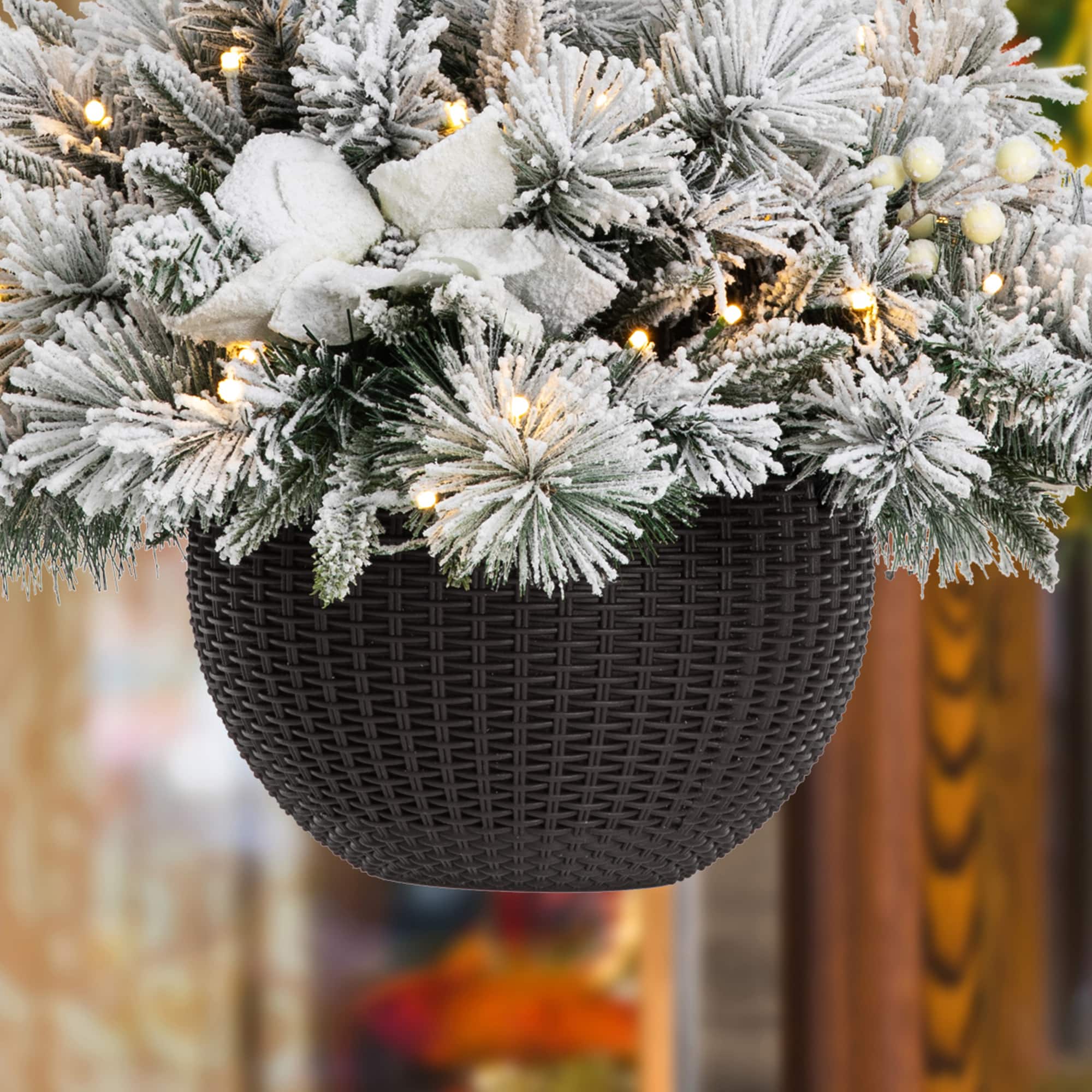 Glitzhome® 24" Pre-Lit Snow Flocked Christmas Artificial Pine Poinsettia Hanging Basket, White Lights