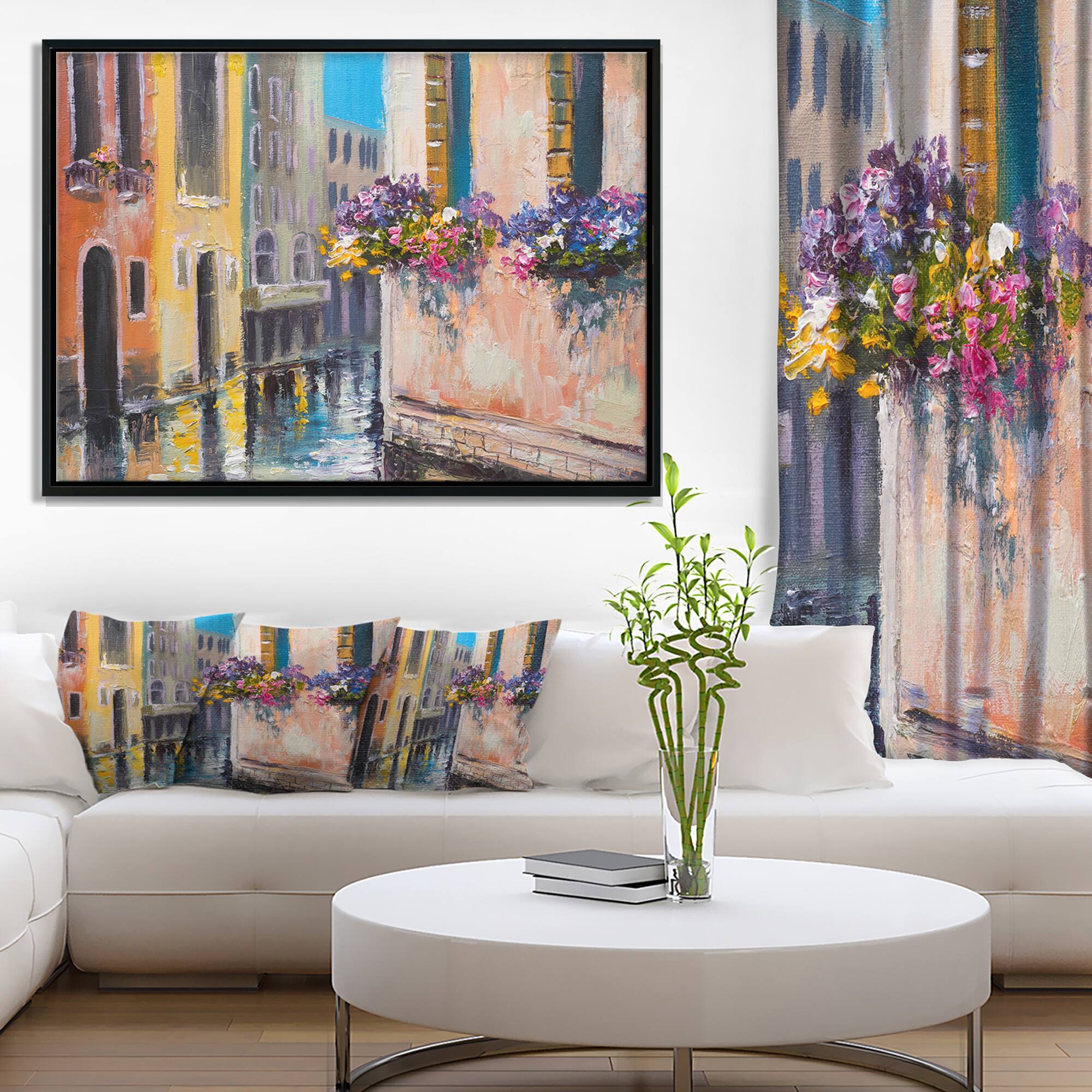 Designart - Canal in Venice with Flowers - Cityscape Canvas Art Print in Black Frame