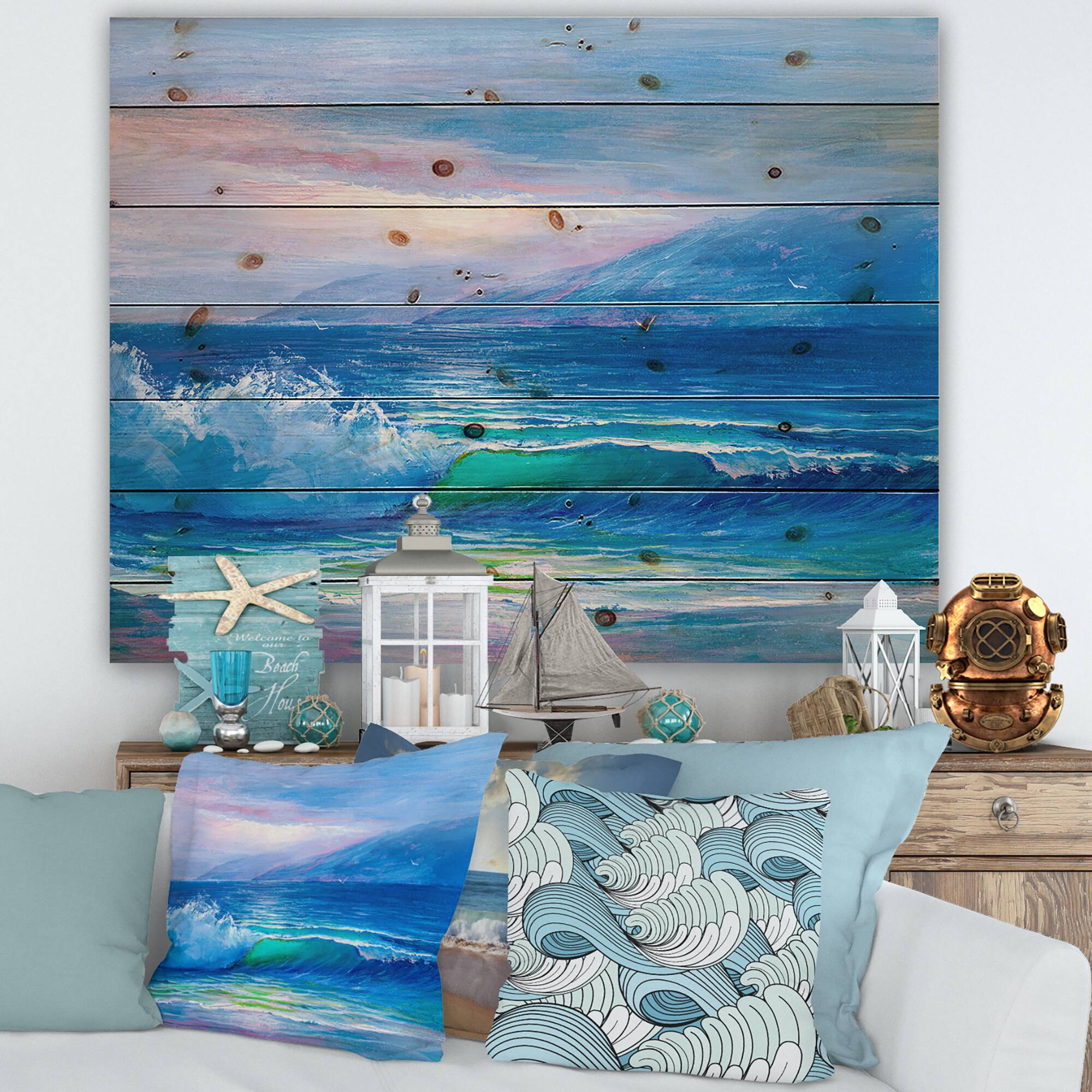 Designart - Blue Waves Breaking At The Beach II - Nautical &#x26; Coastal Print on Natural Pine Wood