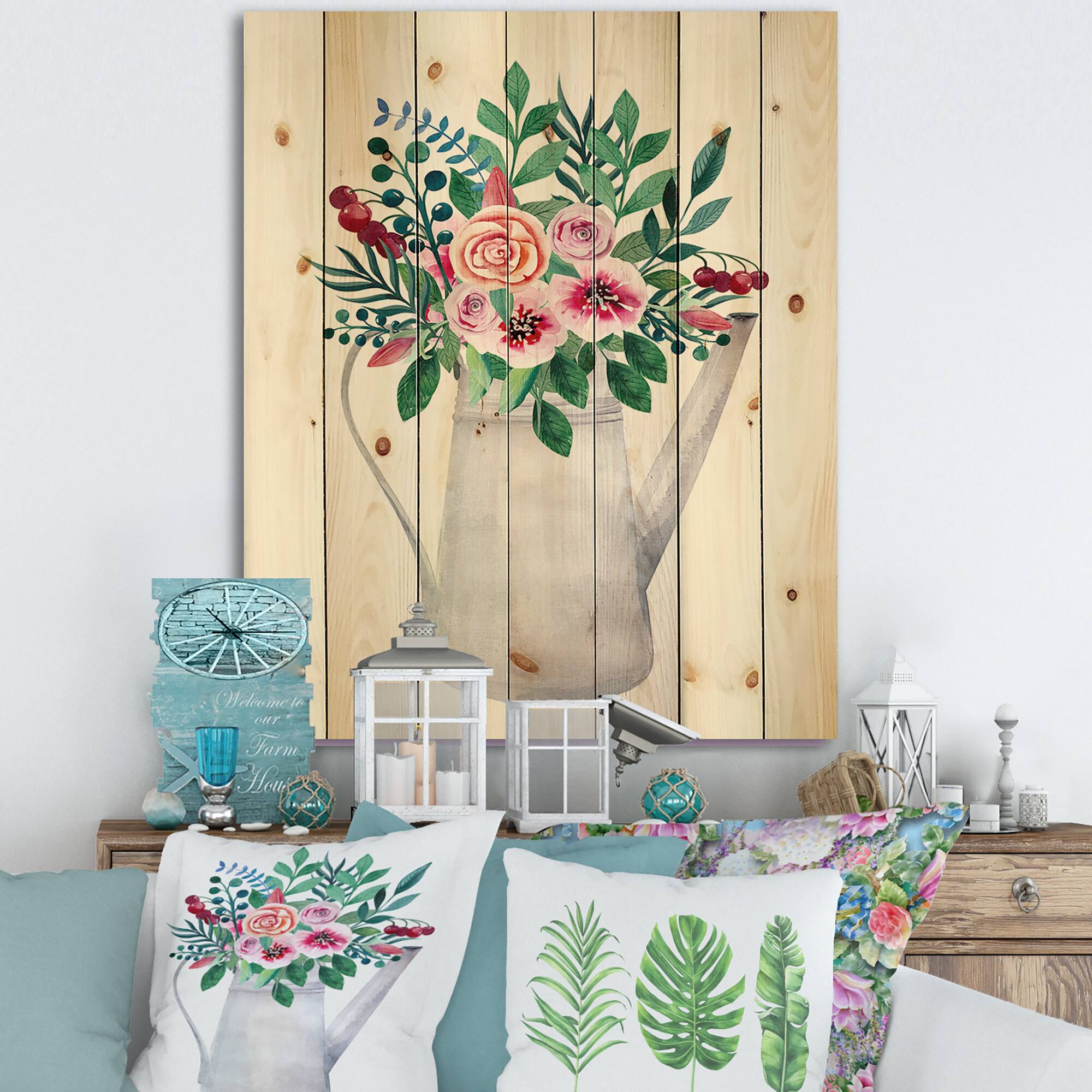 Designart - Bouquets of Flowers In Rustic Flowering Pot - Traditional Print on Natural Pine Wood