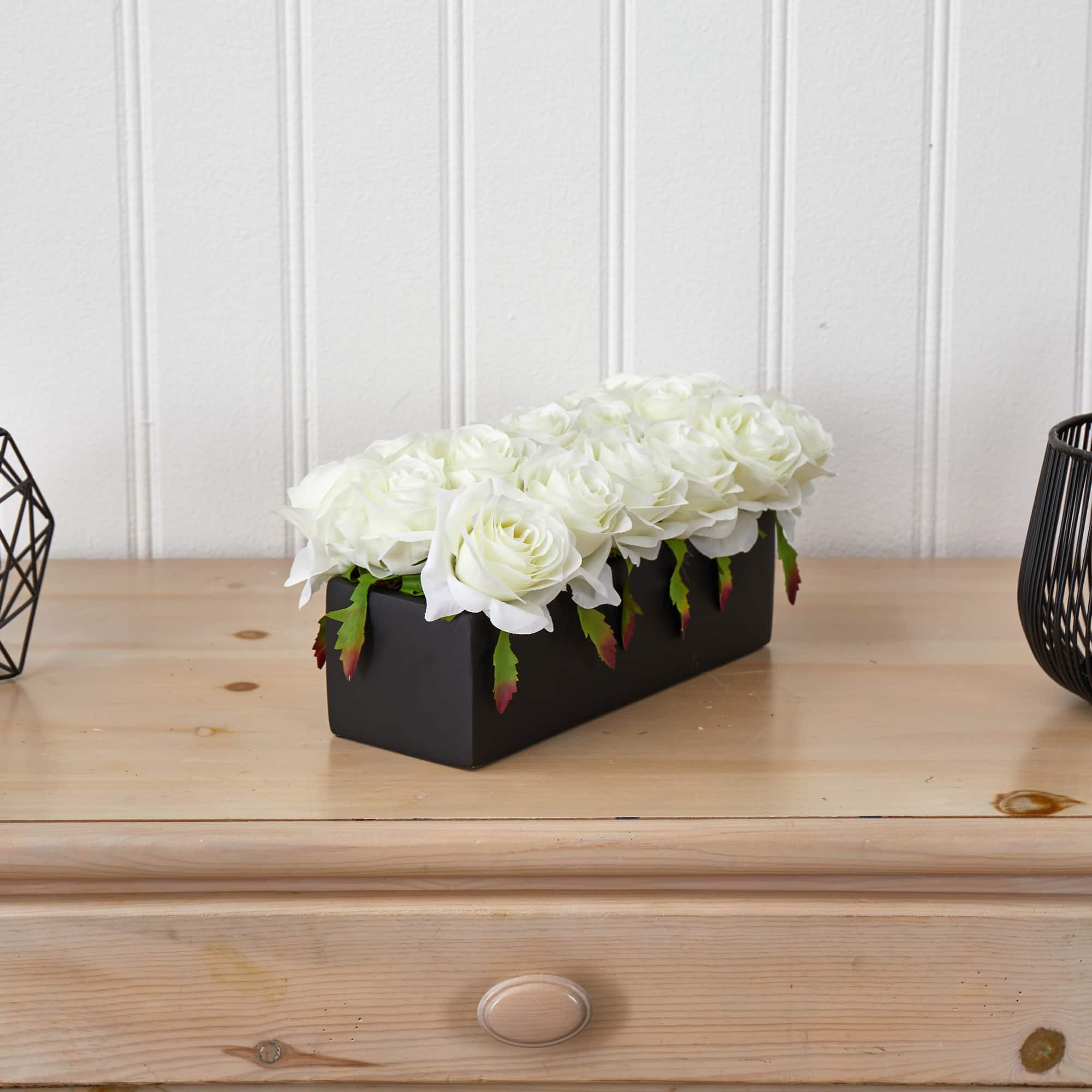 6&#x22; White Dozen Roses in Black Rectangular Ceramic Planter