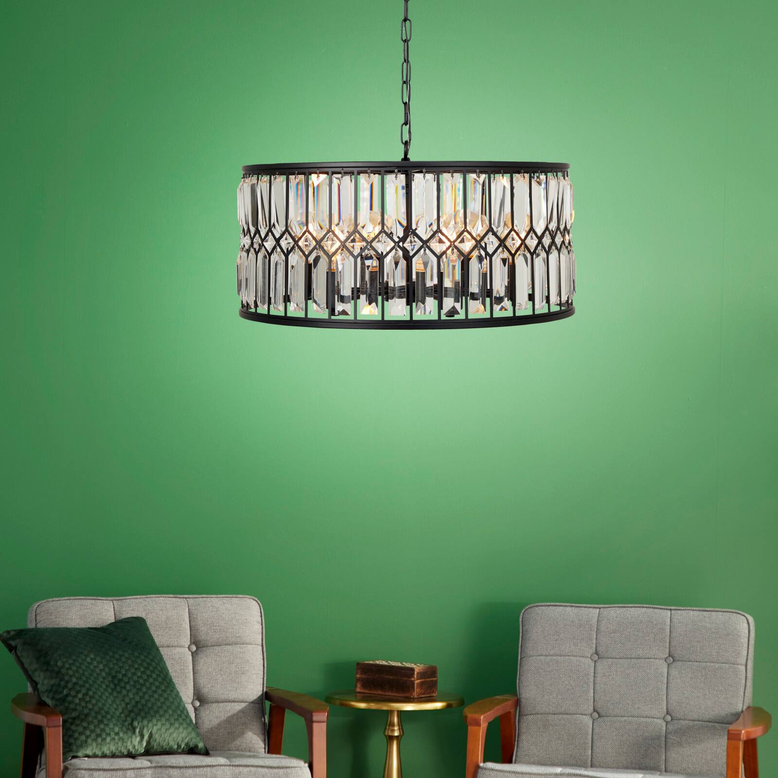 Black Iron Glam Drum Chandelier, 13" x 24" x 24"