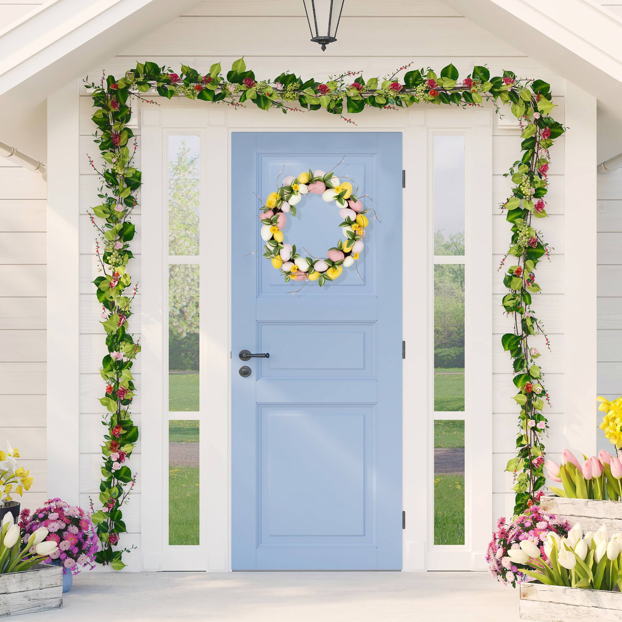 22" Pink & Yellow Easter Eggs & Flower Buds Artificial Wreath