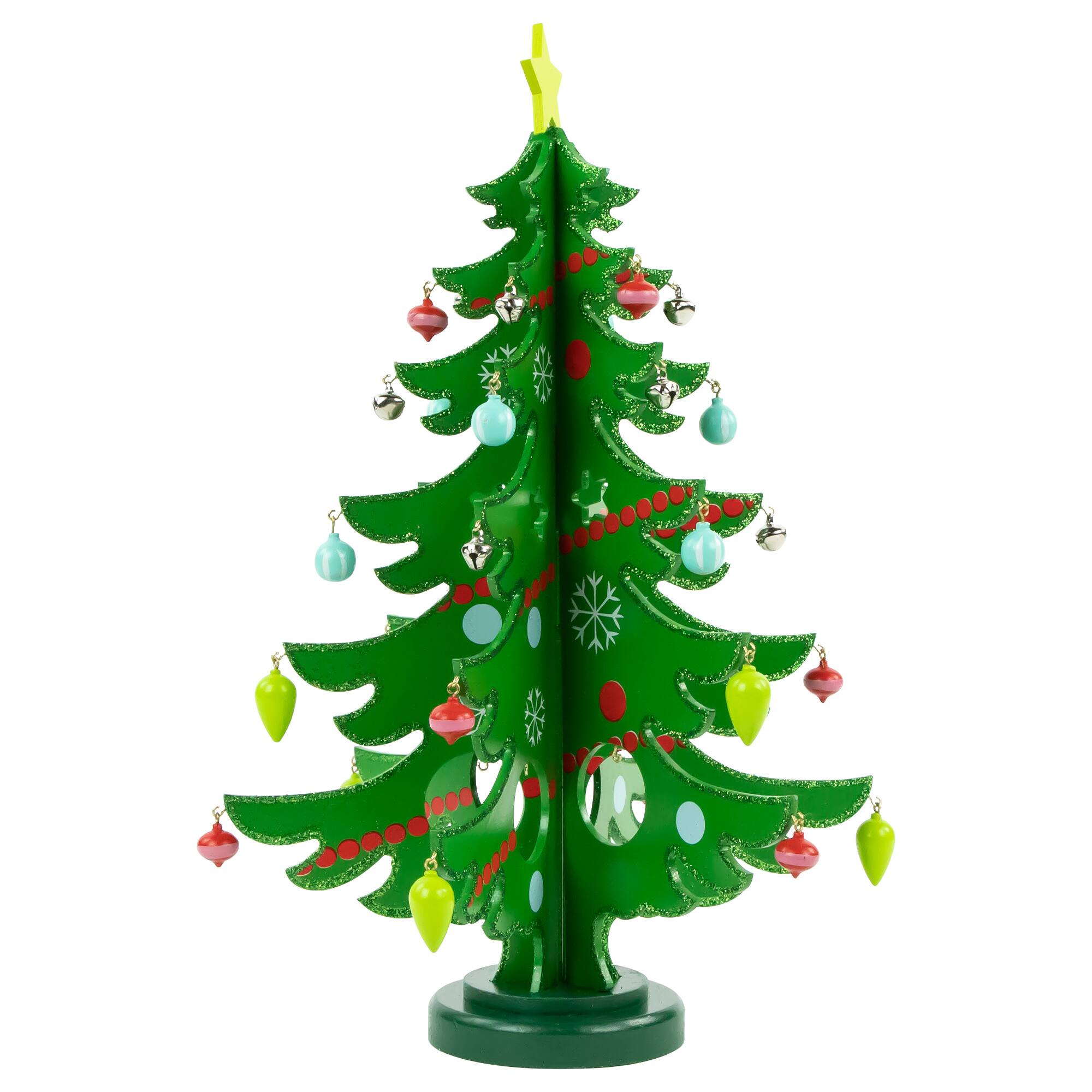 3-D Wooden Christmas Tree with Ornaments Decoration - 13.75" - Green