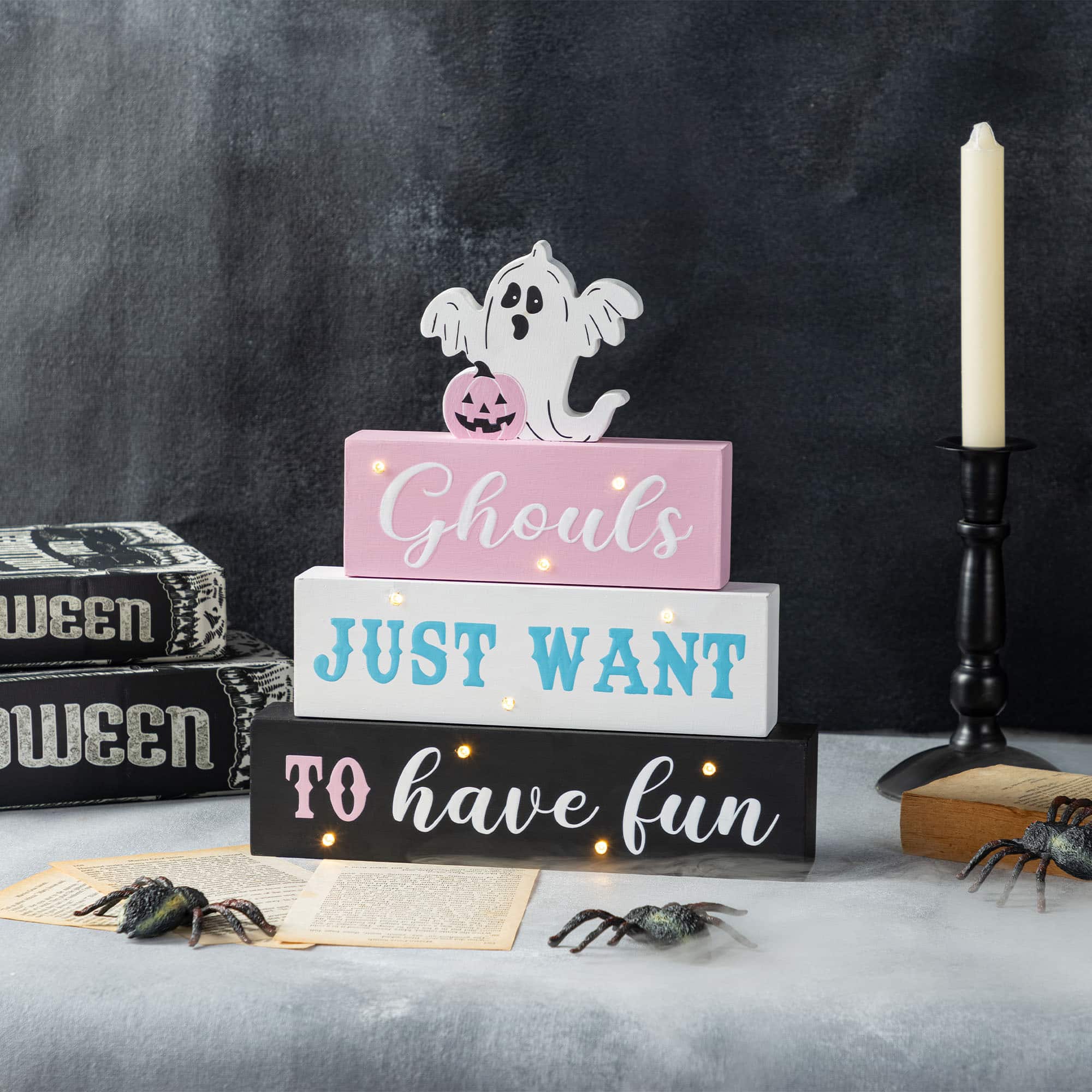 Glitzhome&#xAE; 11.75&#x22;H Halloween Lighted Pink Wooden Ghost Block Word Sign