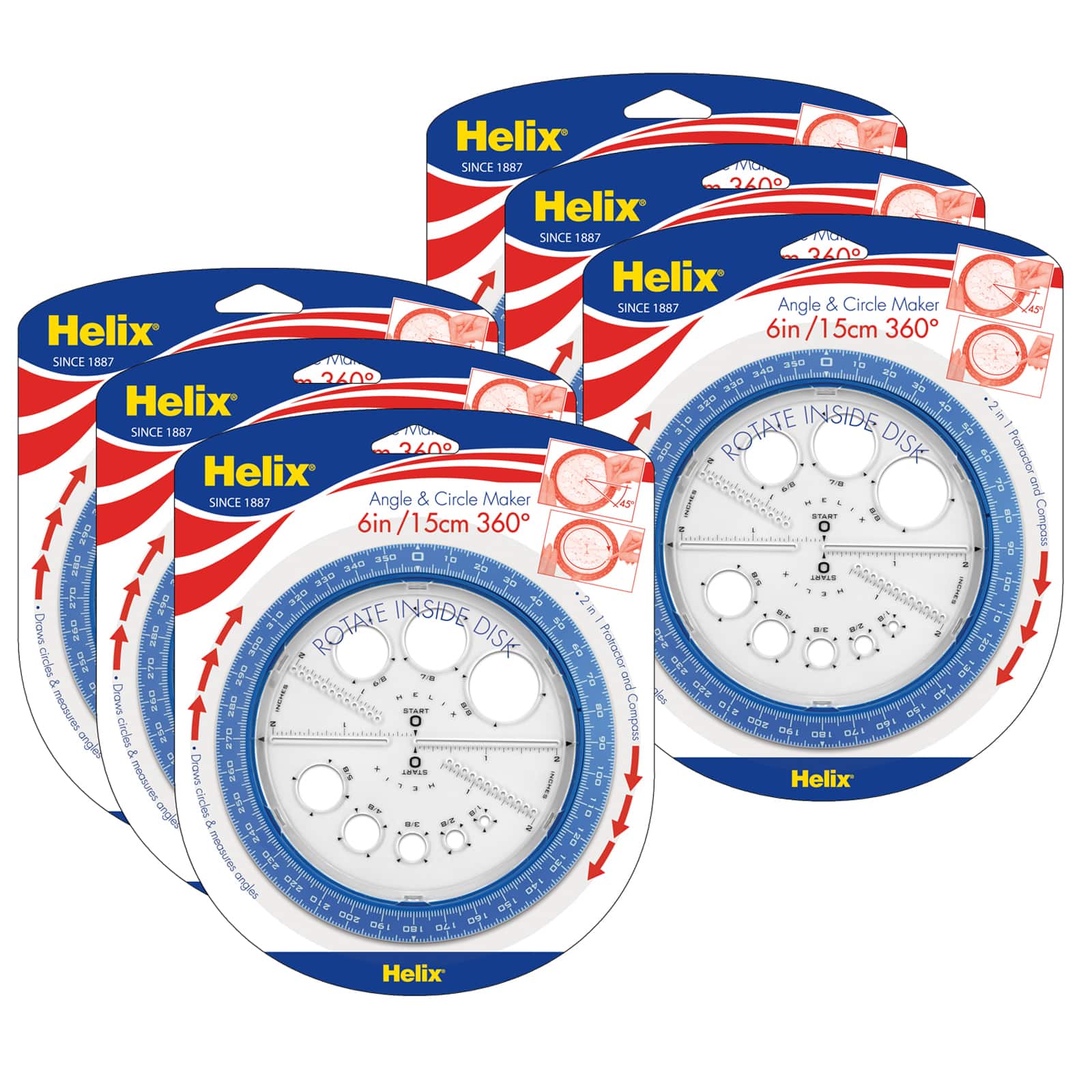 6 Inch / 15cm 360 Degree 36002 Assorted Colors Helix Angle and Circle Maker with Integrated Circle Templates 