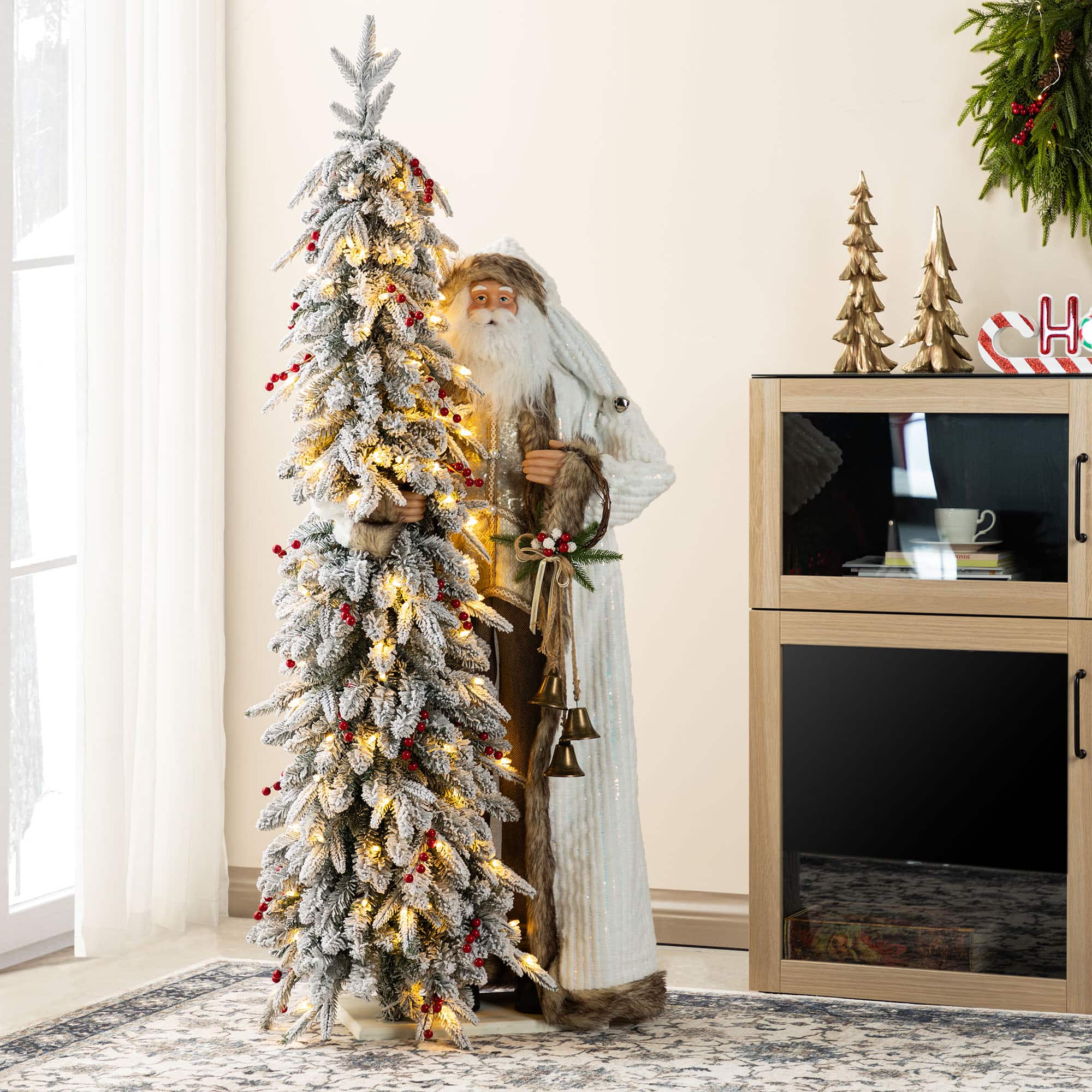 Glitzhome® 4FT Oversized Christmas Woodland Santa with 5FT Lighted Flocked Artificial Christmas Tree