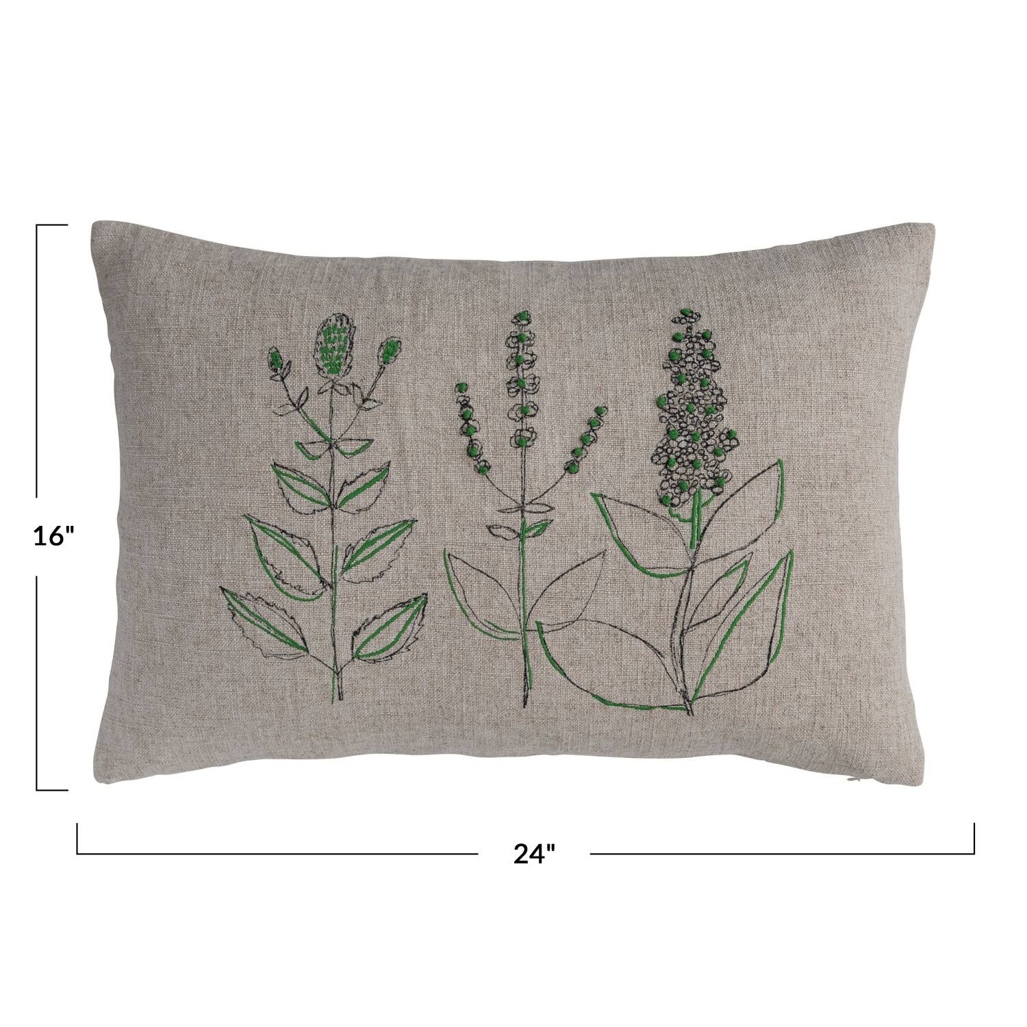 Hand-Embroidered Botanicals Linen Blend Lumbar Pillow with Kantha Stitch &#x26; Flanged Edge