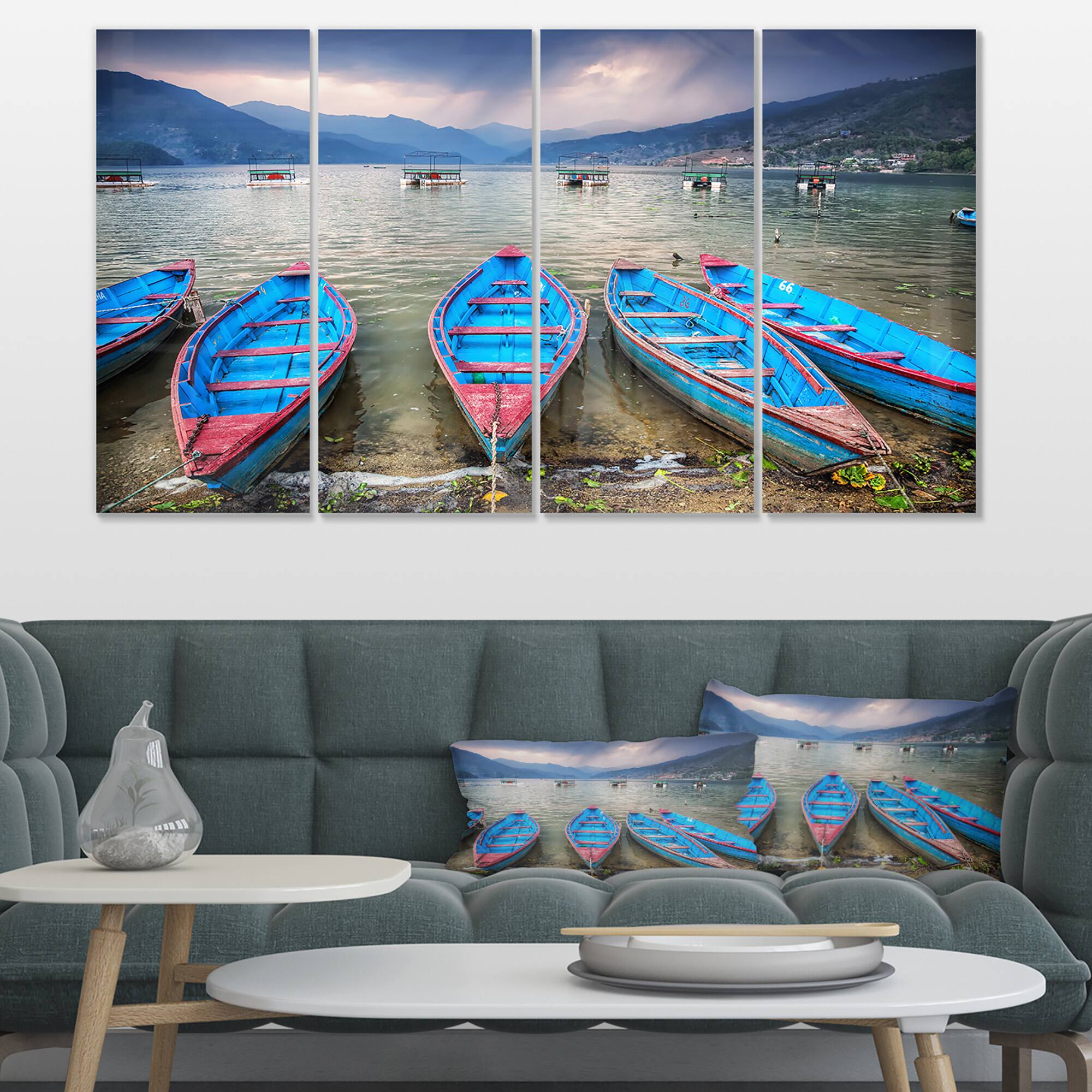 Designart - Row of Blue Boats in Pokhara Lake