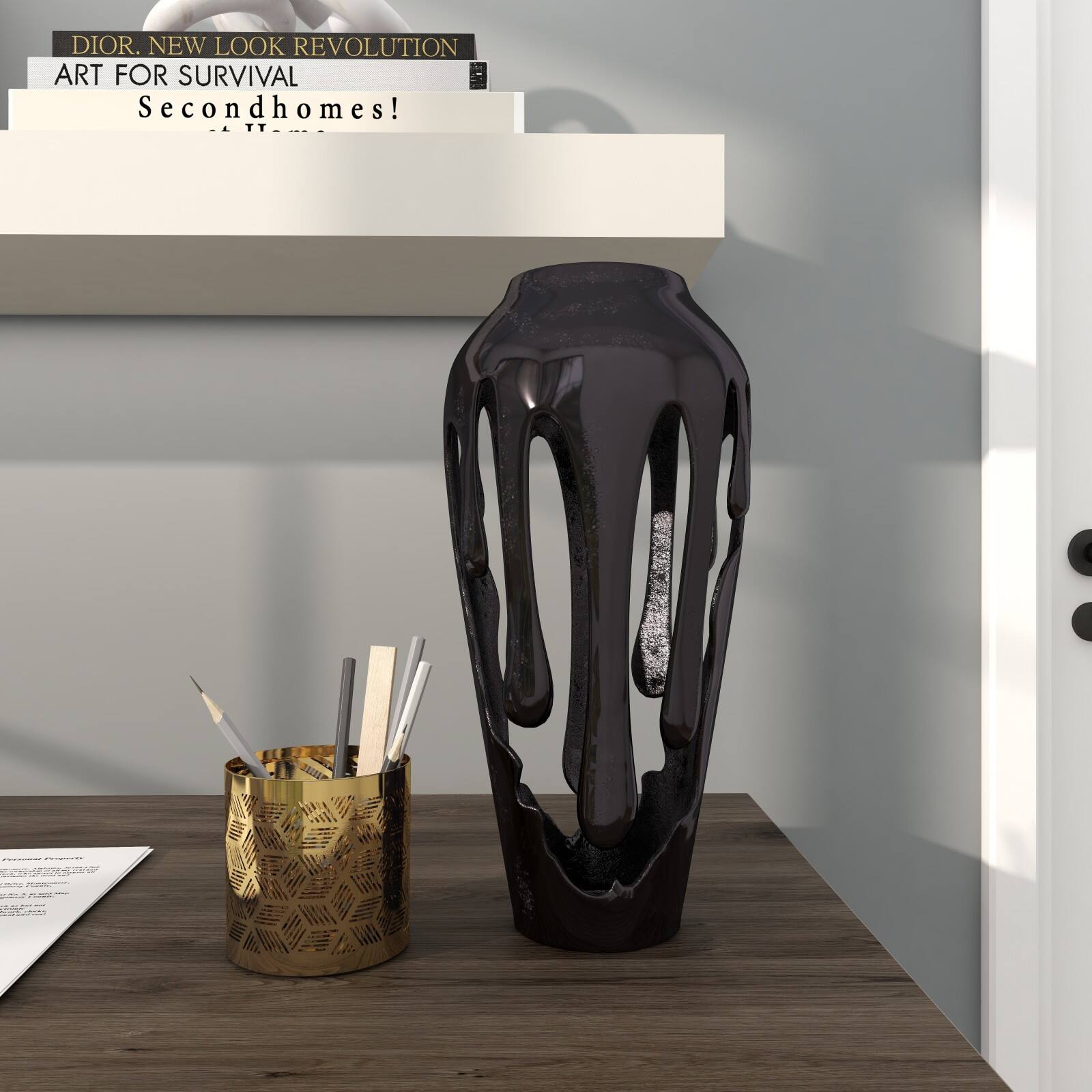 15" Black Aluminum Drip Vase with Melting Designed Body