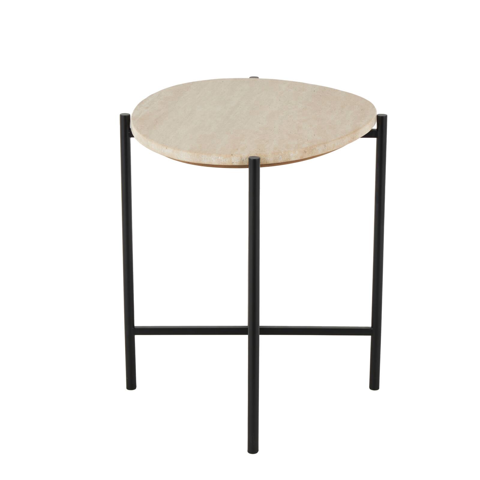 19.75" Beige Marble Accent Table with Black Metal Support