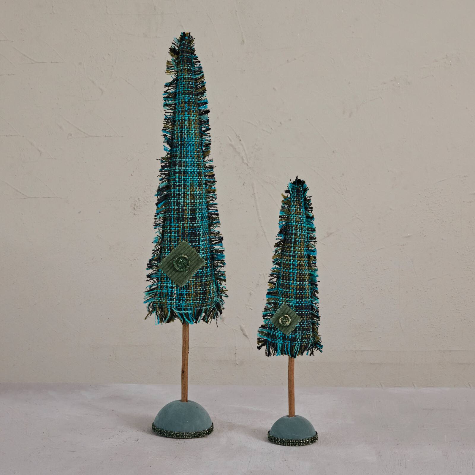 Hello Honey&#xAE; Green Plaid Raw-Edged Tweed Tree &#x26; Wood Base