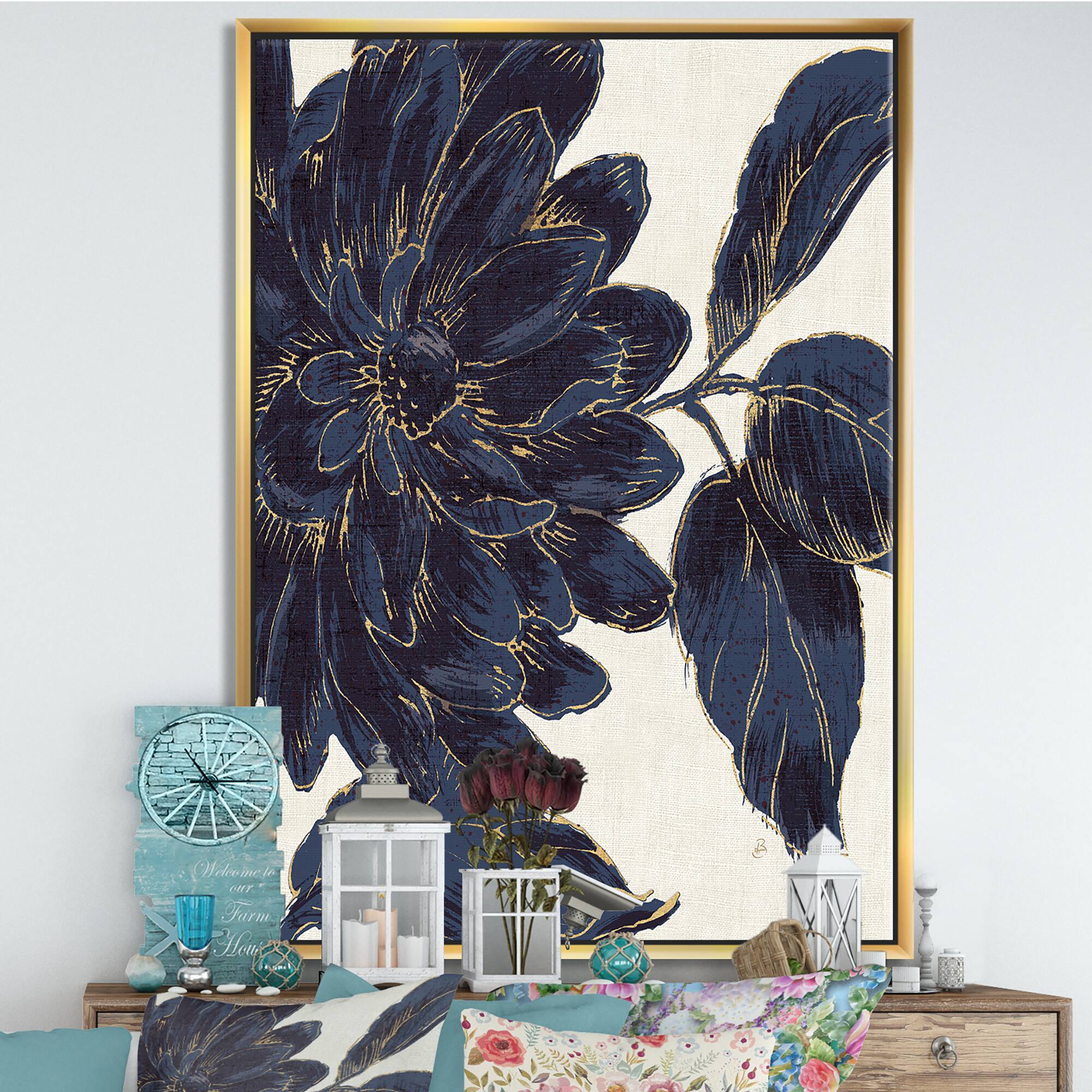 Designart - Indigo Gold Metallic Flower - Traditional Canvas in Gold Frame