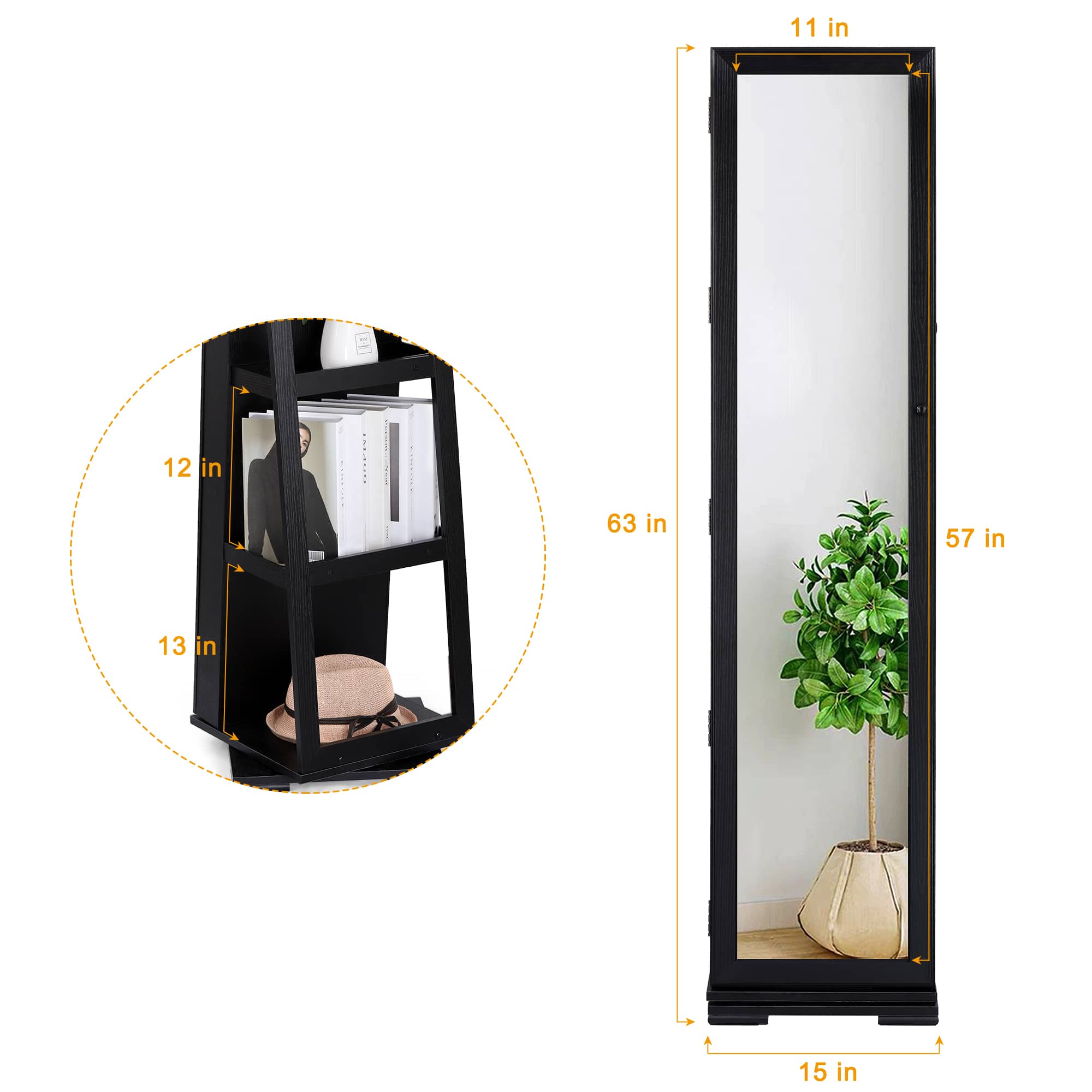 NEX&#x2122; Black 360 Degree Rotatable Jewelry Armoire with Free-Standing Mirror
