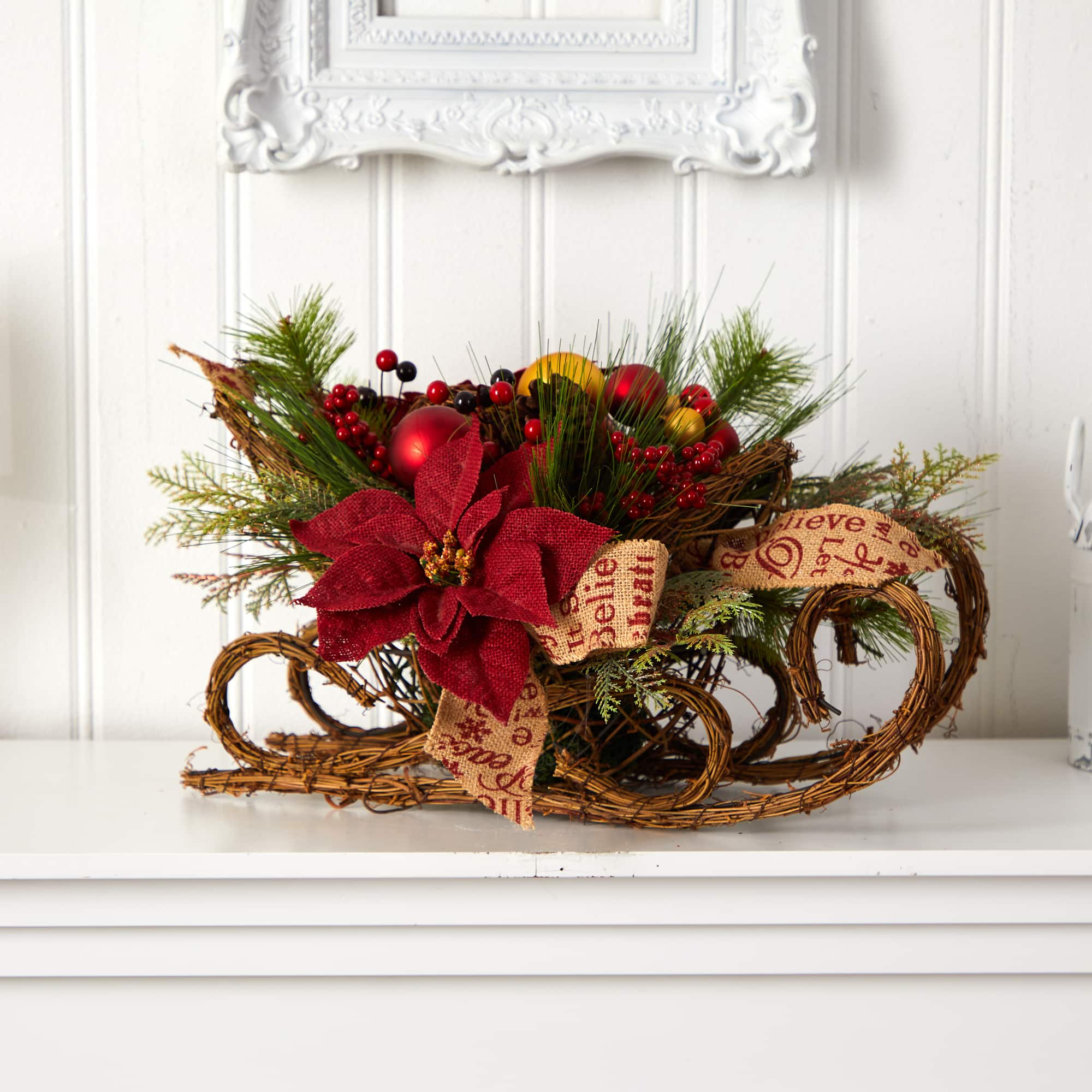 18&#x22; Christmas Sleigh with Poinsettia, Berries &#x26; Pinecone Artificial Arrangement with Ornaments