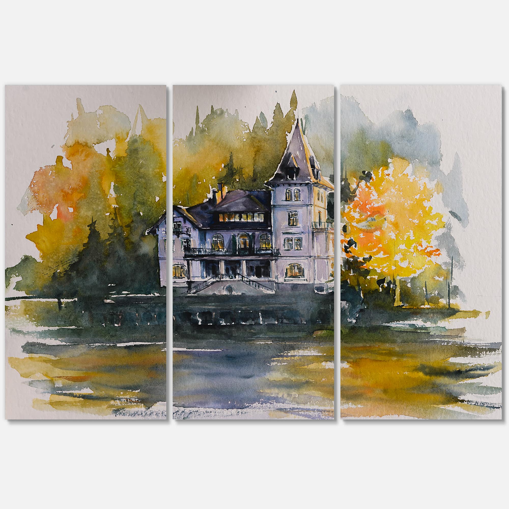 Designart - Castle By The Lake With Autumn Trees