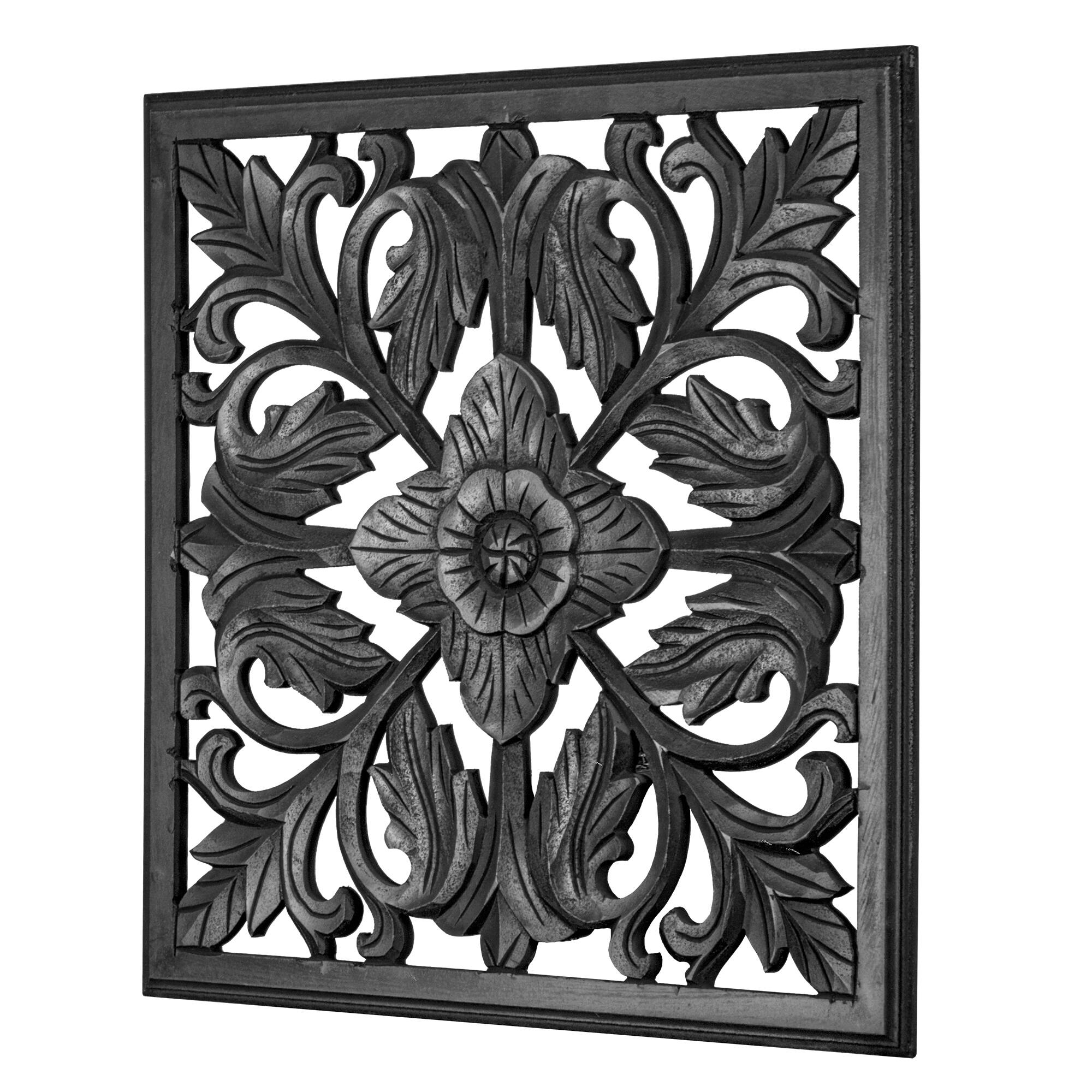 American Art Décor™ 24" Black Hand-Carved Square Arabesque Wall Medallion