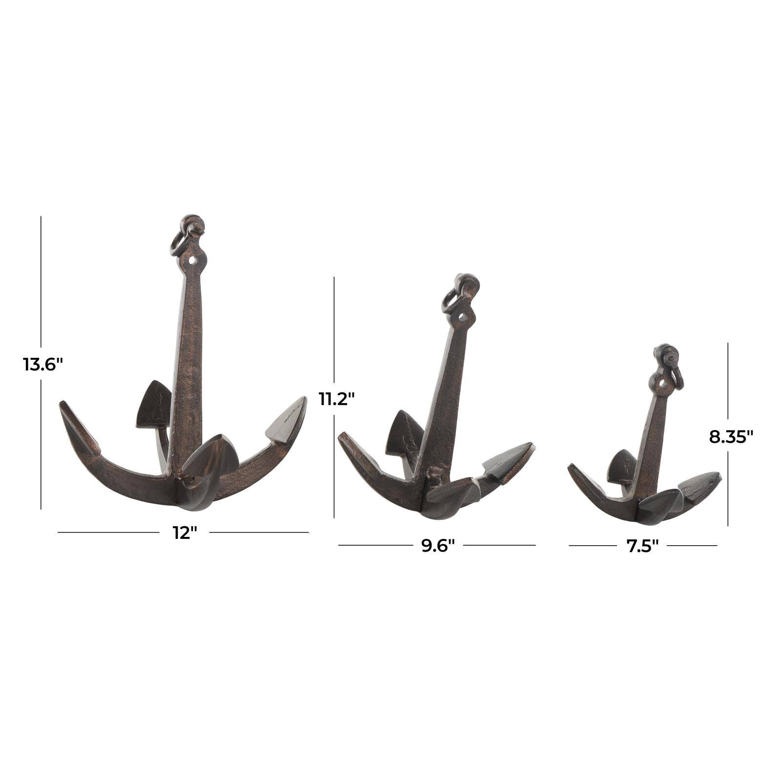 Weathered Copper Aluminum Anchor Sculpture with Hanging Hooks Set