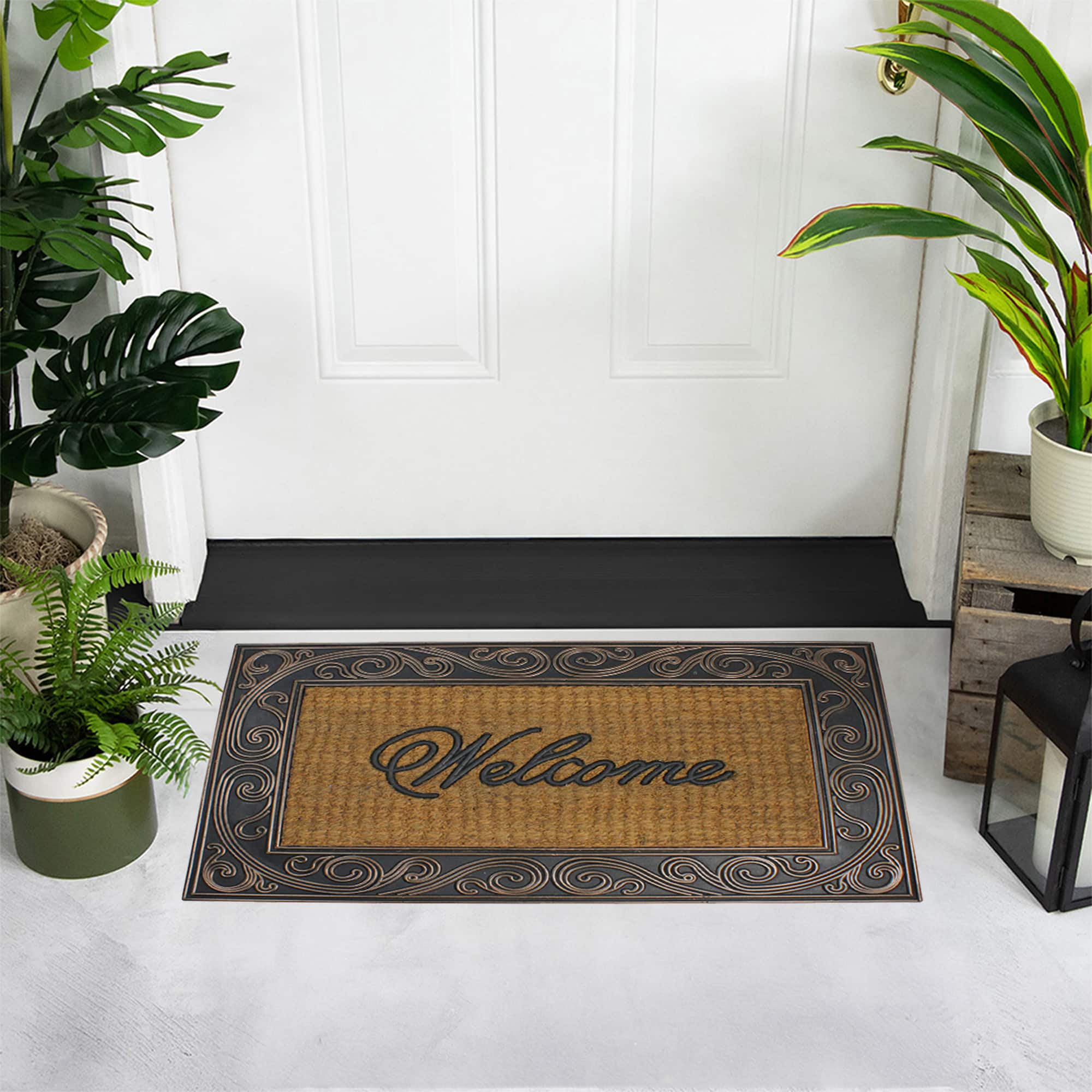 Brown &#x26; Black Scrollwork Rectangular Welcome Doormat