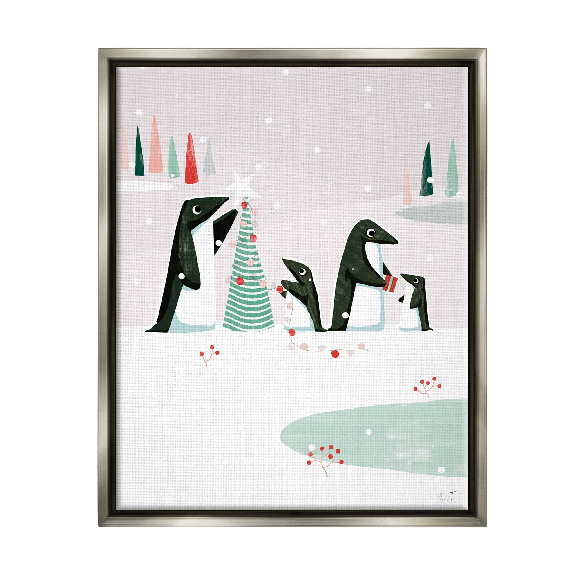 Stupell Industries Penguins Decorating Christmas Tree Framed Floater Canvas Wall Art