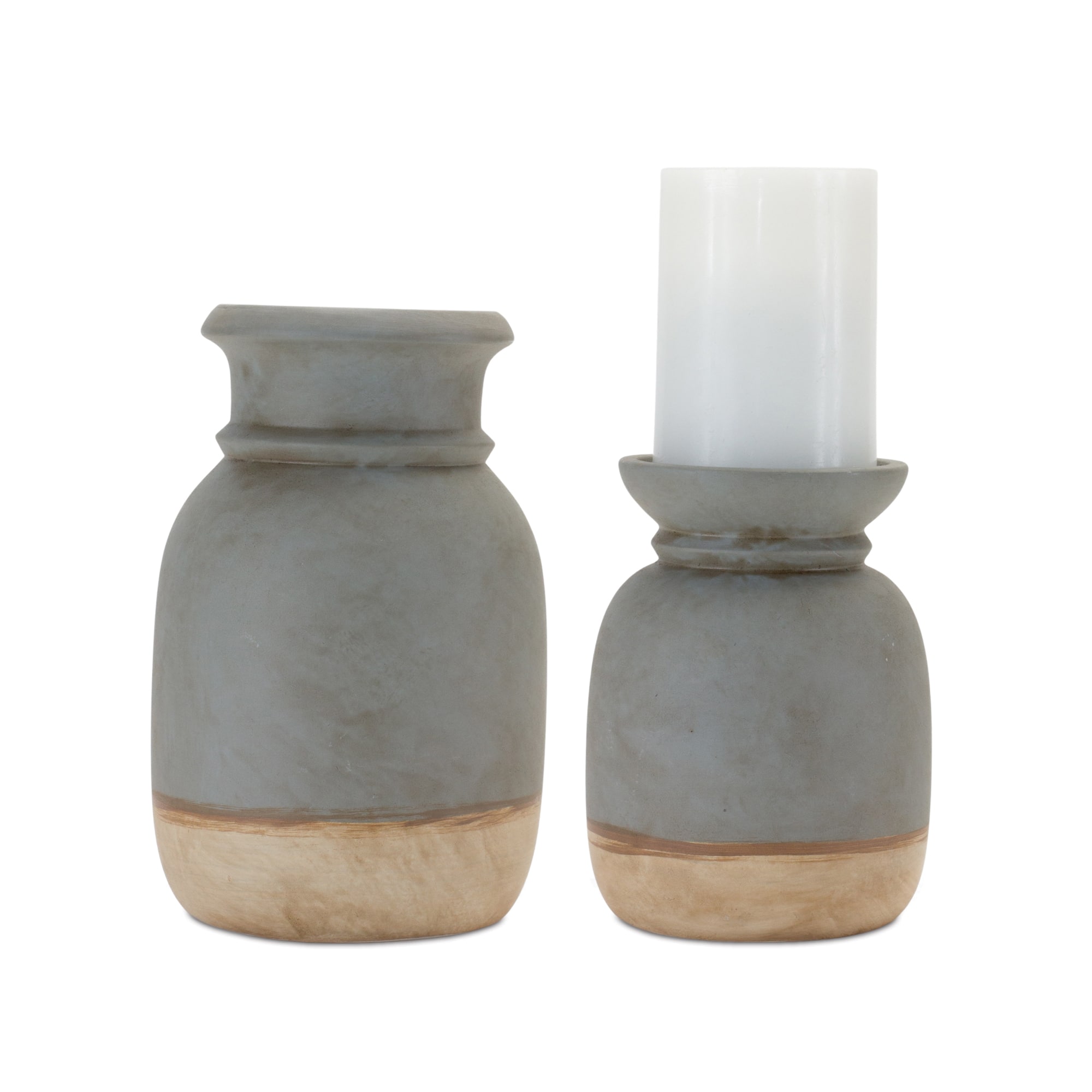 Gray & Beige Dual-Tone Ceramic Candle Holder Set