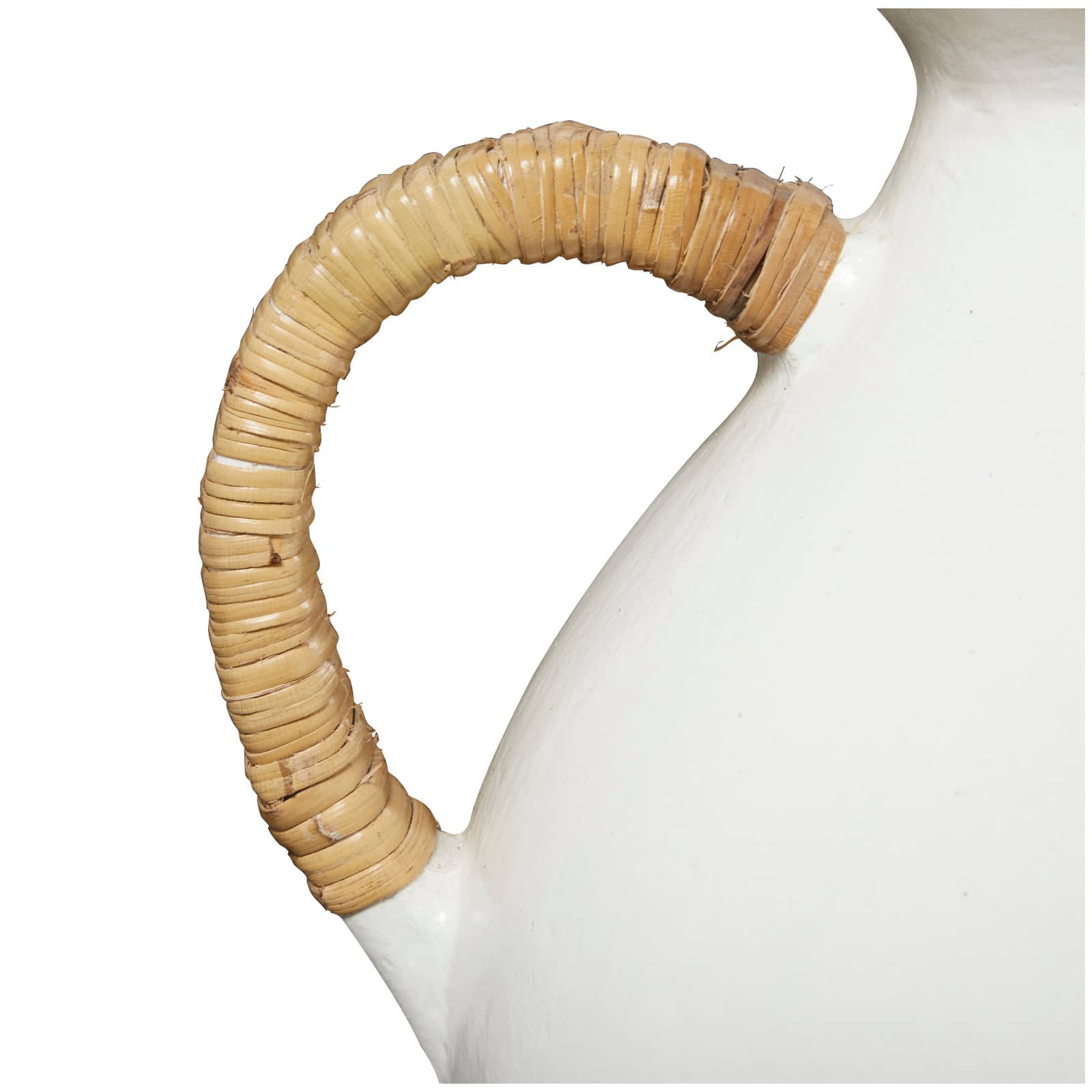 19" White Ceramic Jug Inspired Vase with Rattan Wrapped Handles