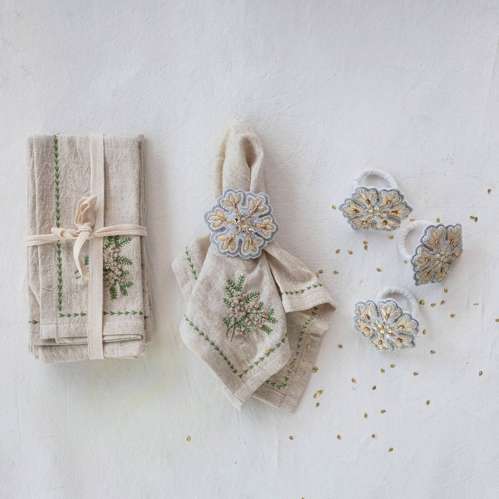 Hello Honey® 18" Natural & Green Square Cotton & Linen Napkins with Botanical Embroidery, 4ct.