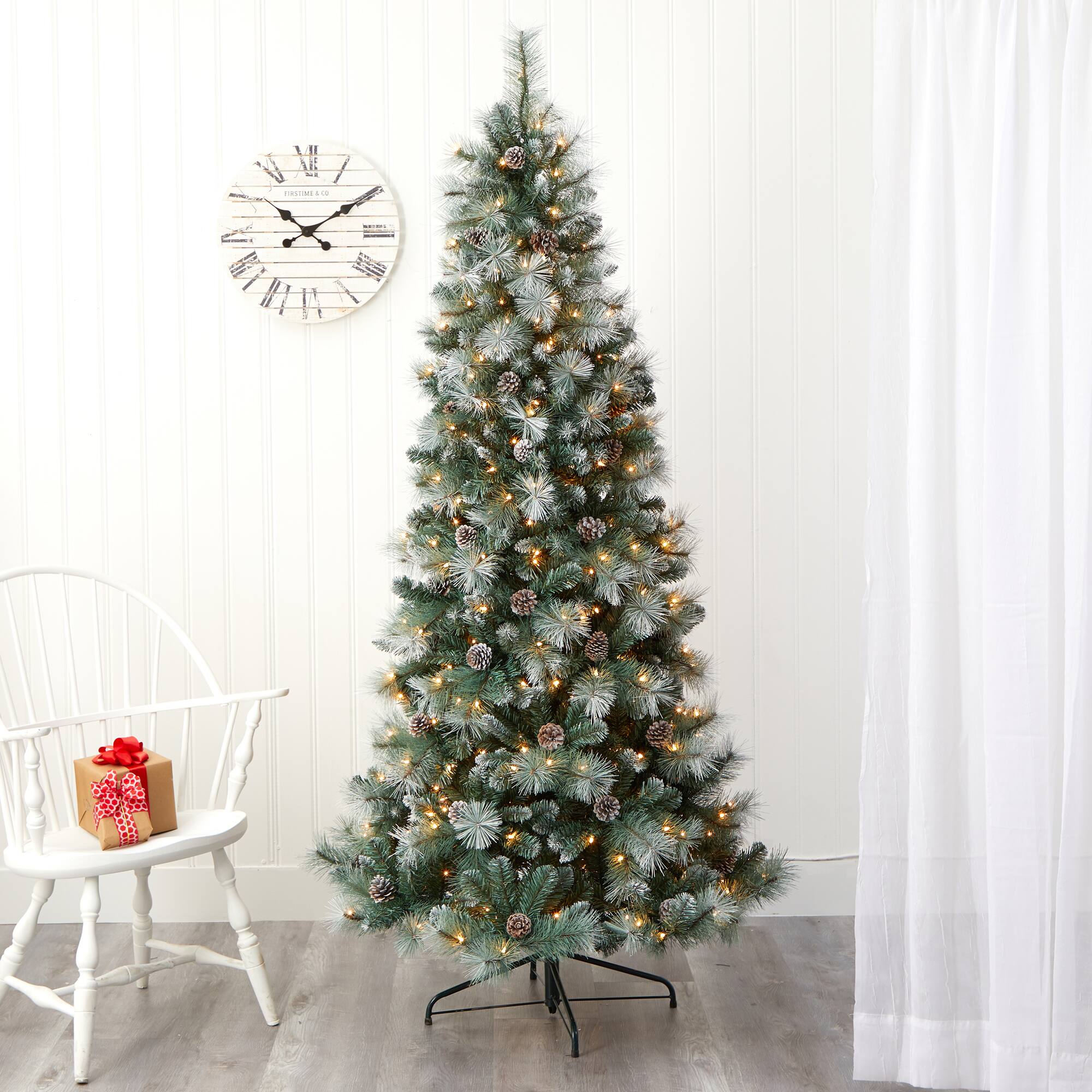 7ft. Pre-Lit Frosted Tip British Columbia Mountain Pine & Pinecones Artificial Christmas Tree with Clear Lights