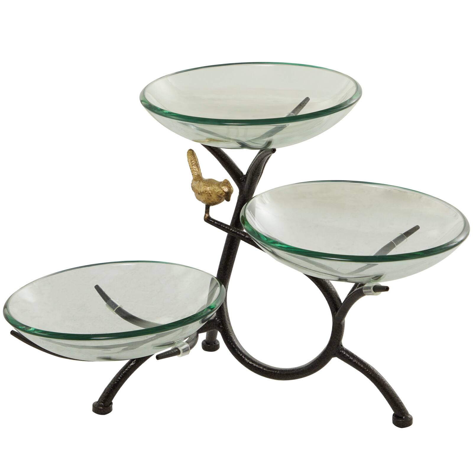 20" Clear Glass Kitchen Serving Bowl with 3-Tier Black Metal Branch Stand