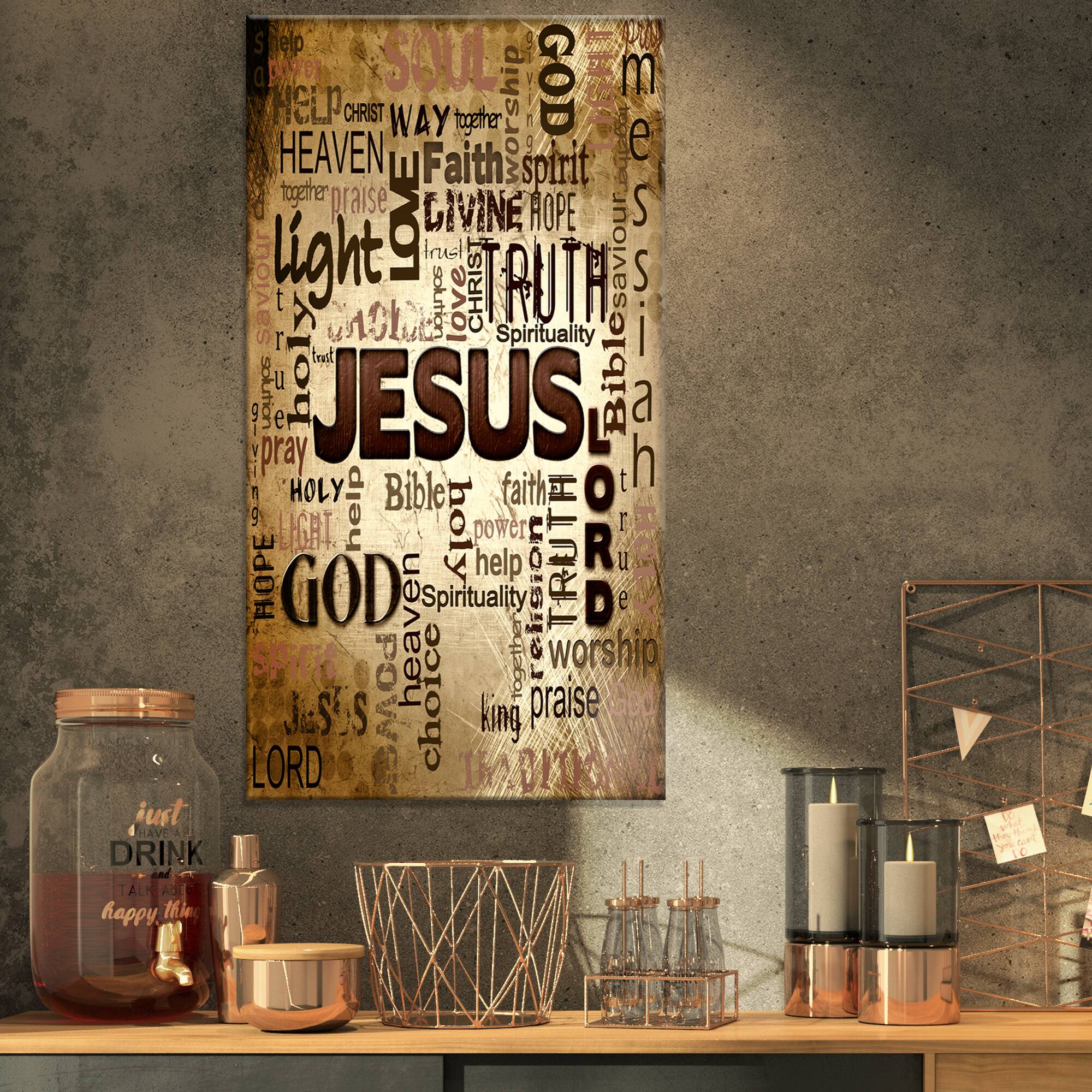 Designart - Jesus' word cloud in grunge background - Religious Contemporary on Wrapped Canvas