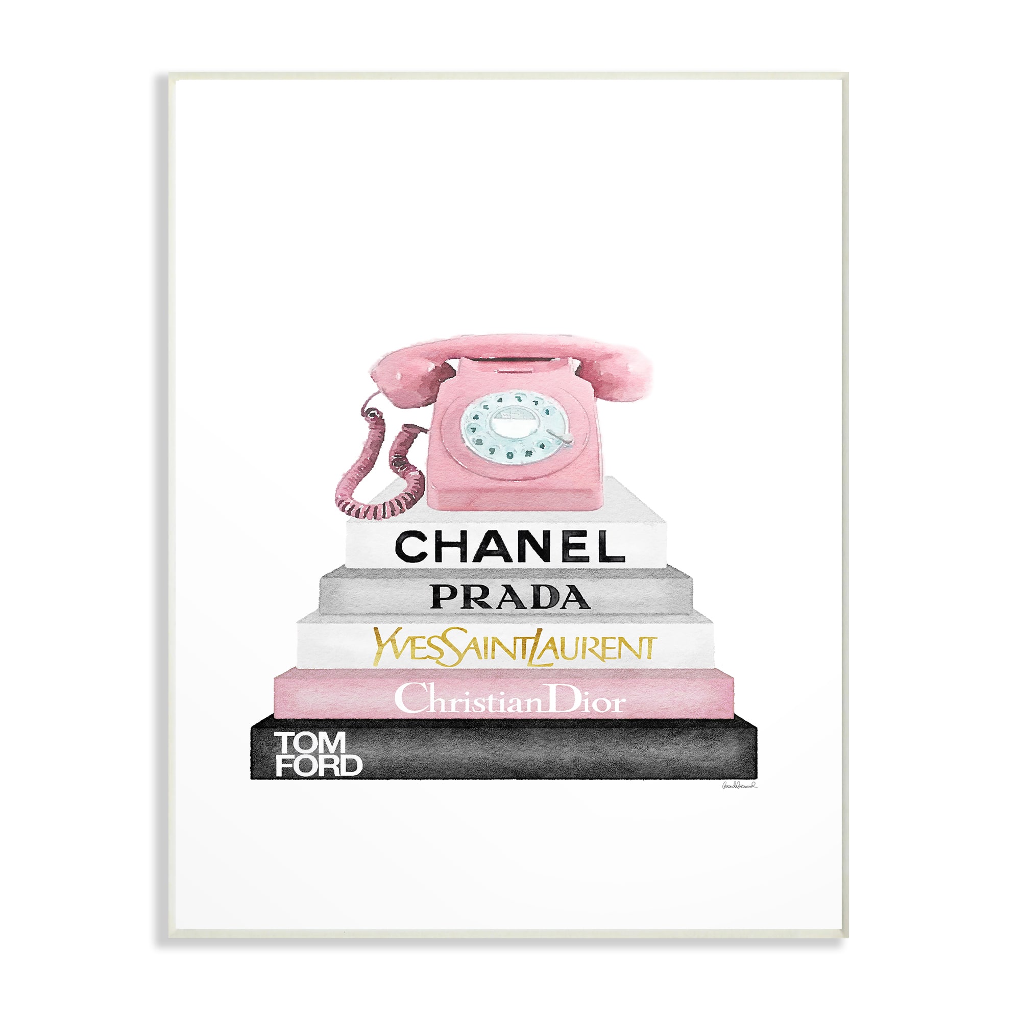 Stupell Industries Grey Pink and Black Fashion Bookstack with Pink Phone Wall Plaque