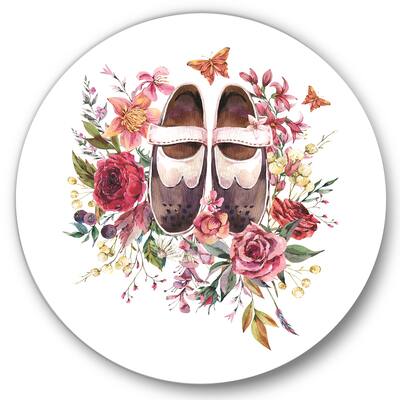 Designart – Vintage Oxford Shoes With Wildflowers – Farmhouse Metal Circle Wall Art in White | 29″ x 29″ | Michaels