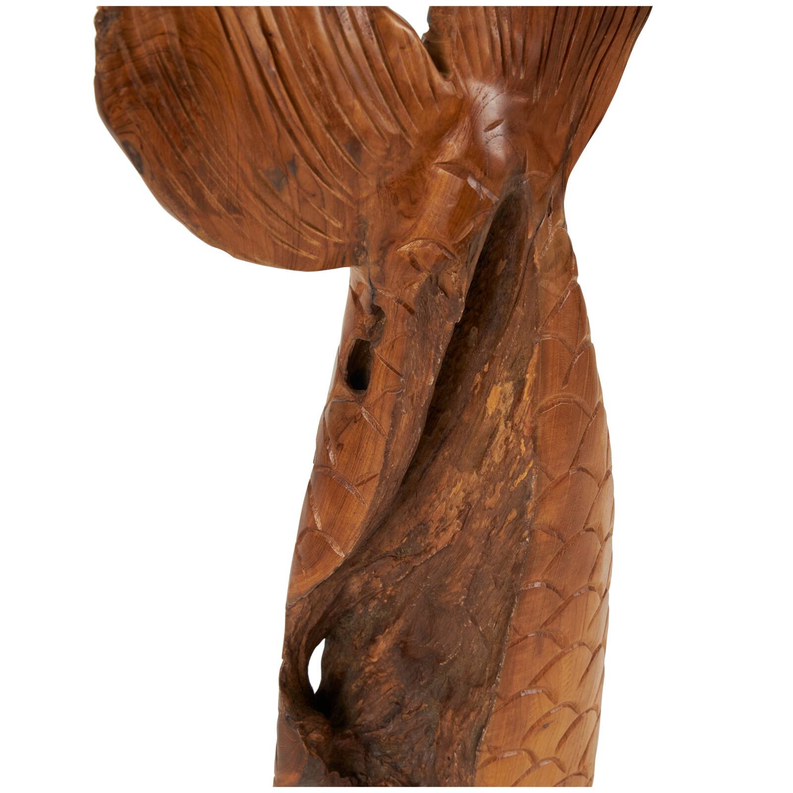 Brown Teak Wood Whale Handmade Tail Live Edge Sculpture with Intricate Carvings Set