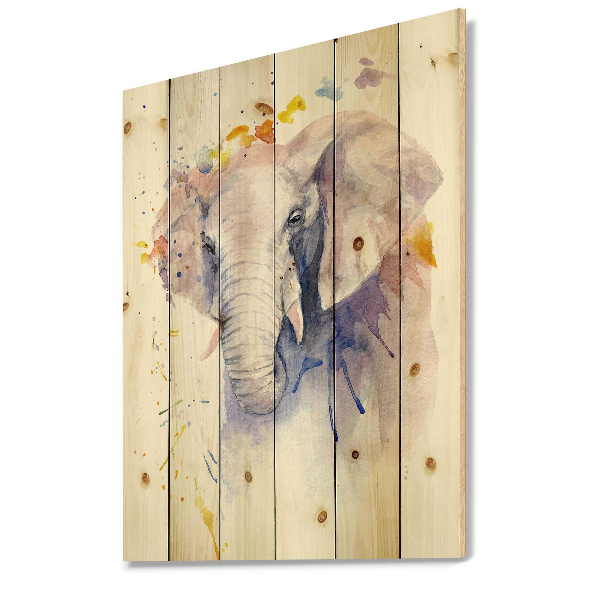 Designart - Portrait of An Elephant In Flowers - Farmhouse Print on Natural Pine Wood