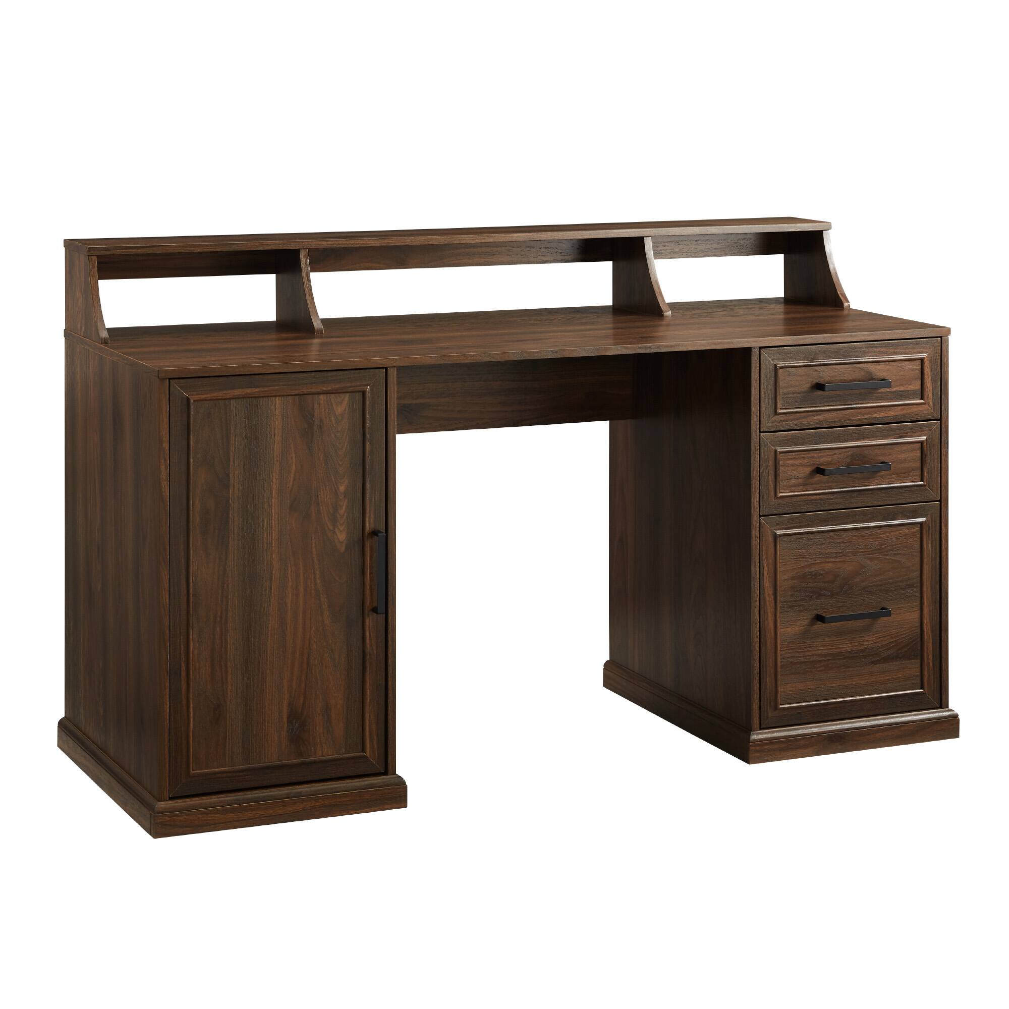 Walker Edison 58" Dark Walnut 3 Drawer Computer Desk with Hutch